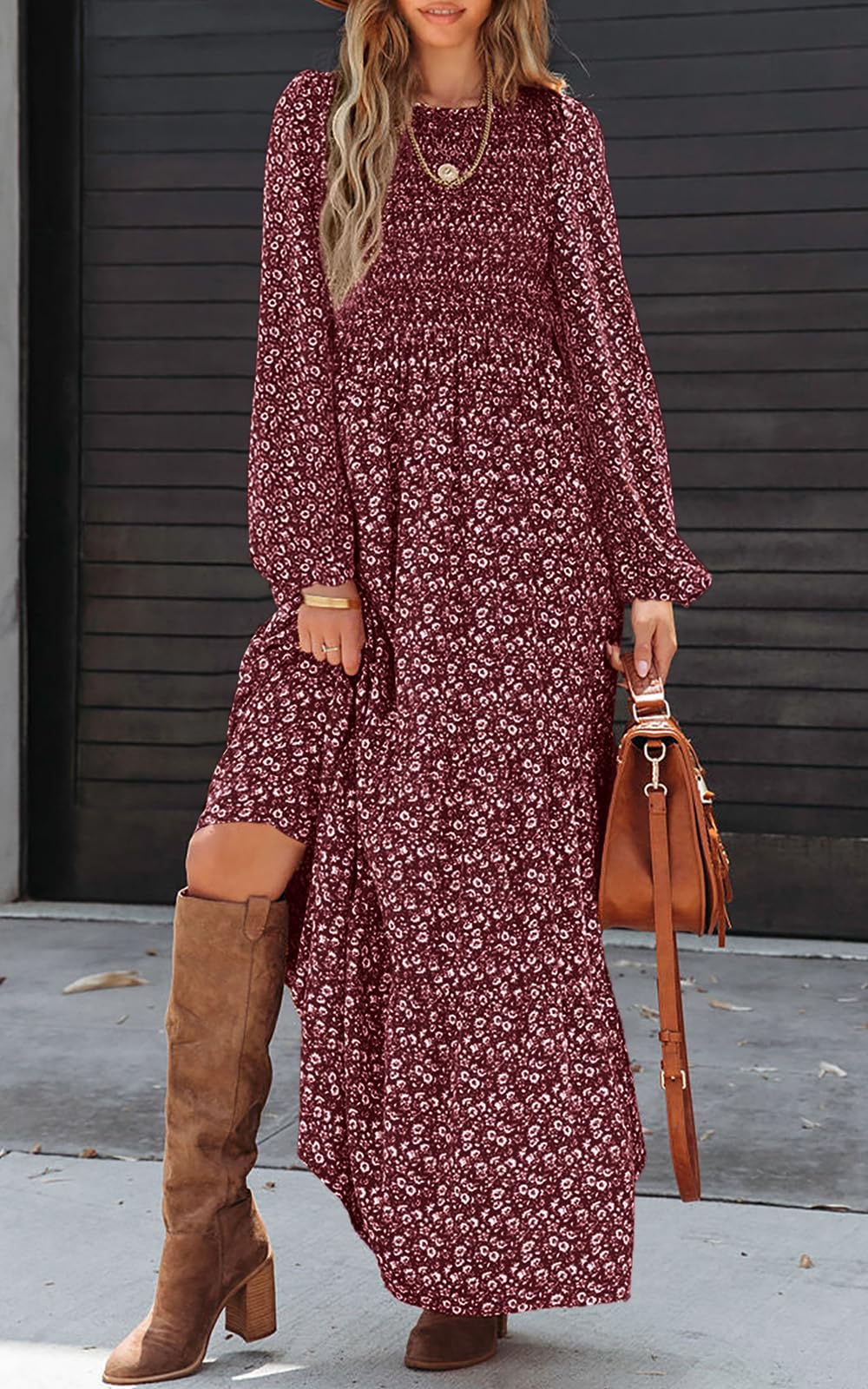 PRETTYGARDEN Women's Fall Dresses Long Sleeve Flowy Casual Floral Maxi Dress Crew Neck Smocked Tiered Long Dress