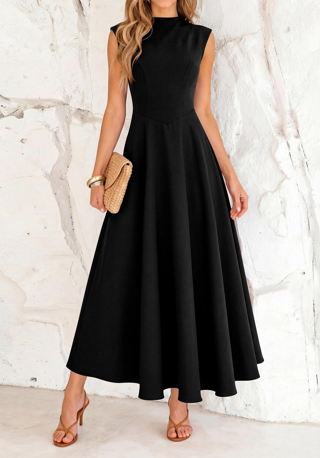 BTFBM Summer Dresses for Women Mock Neck Sleeveless High Waist Flowy Aline Maxi Spring Wedding Guest Dress Cocktail