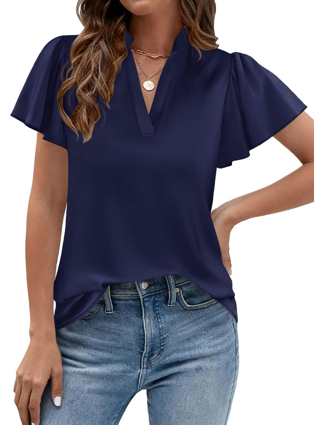 PRETTYGARDEN Women's Summer Satin Blouses Dressy Casual Ruffle Cap Sleeve V Neck Business Work Cute Tops Spring Outfits