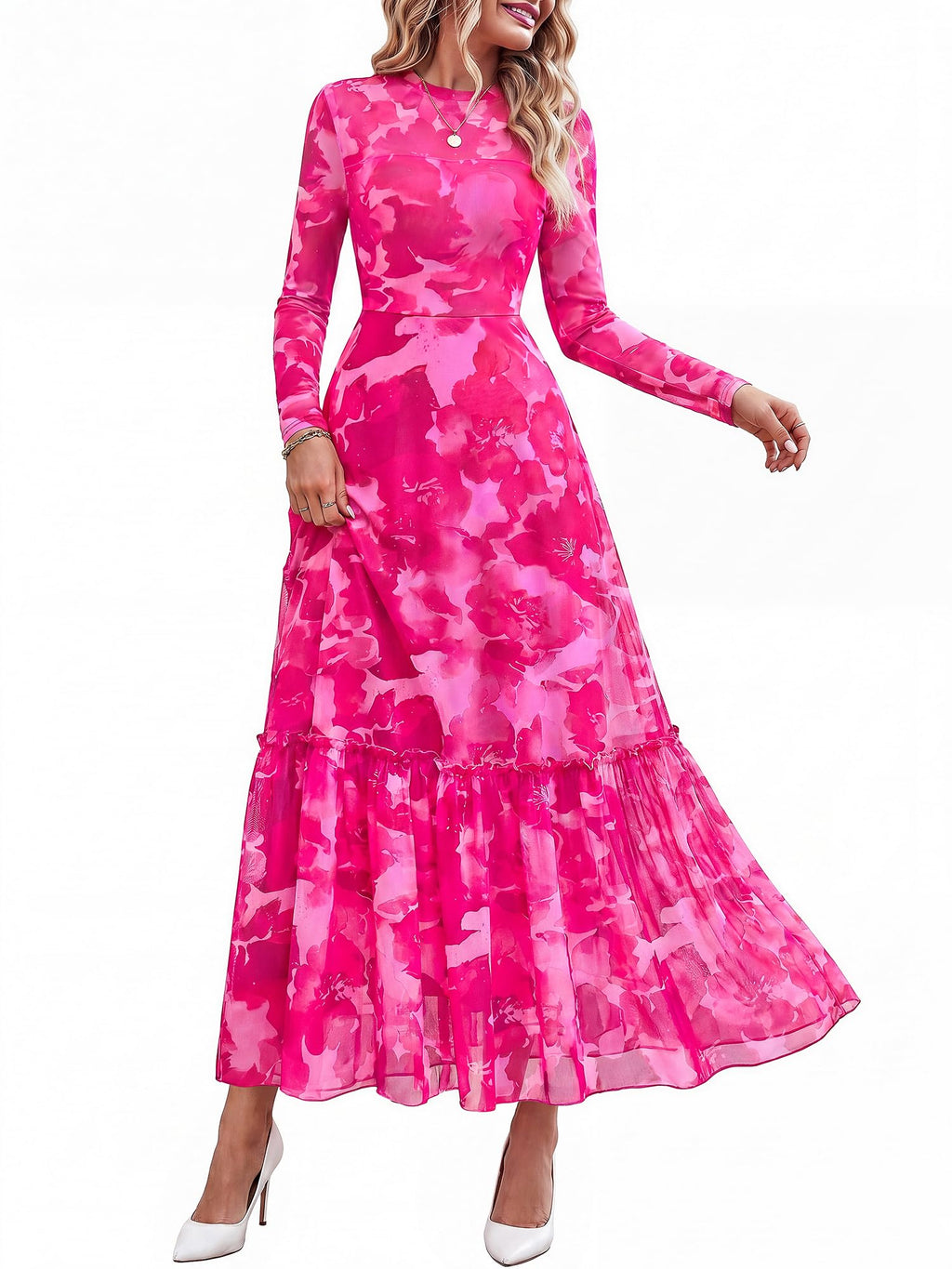 BTFBM Boho Mesh Long Sleeve Dress for Women | Mock Neck, Floral, A Line, Tiered, Graduation, Wedding, Cocktail Maxi Dresses, Fall Fashion, Resort Wear