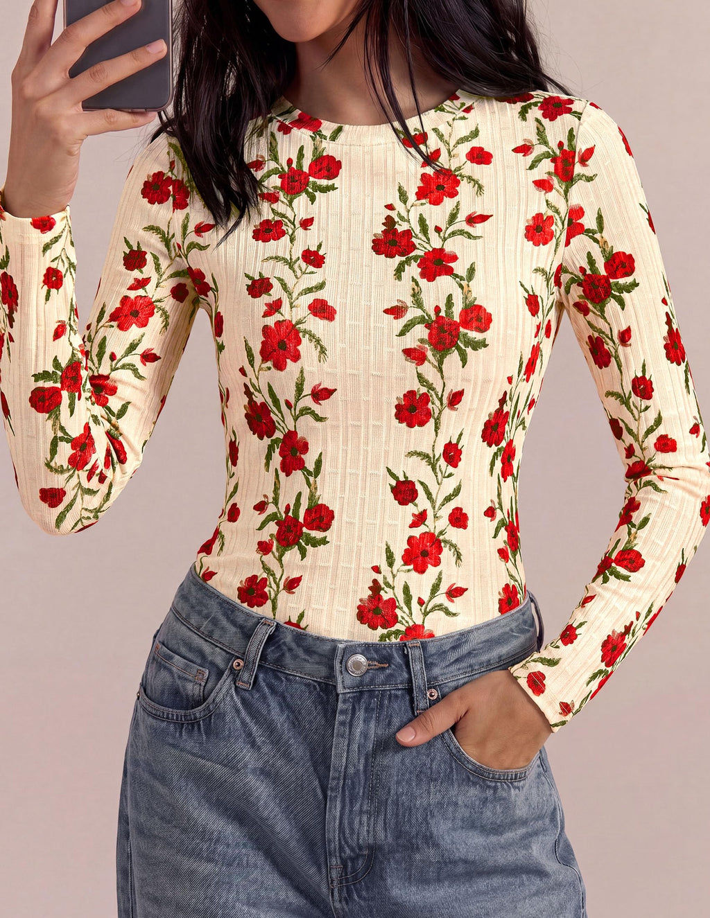 PRETTYGARDEN Womens Long Sleeve Shirts Floral Y2K Tops Soft Lightweight Ribbed Knit Top,Fitted Waist,Crew Neck Slim Fit,Going Out Vacation Outfits,Layering Fall Winter Clothes