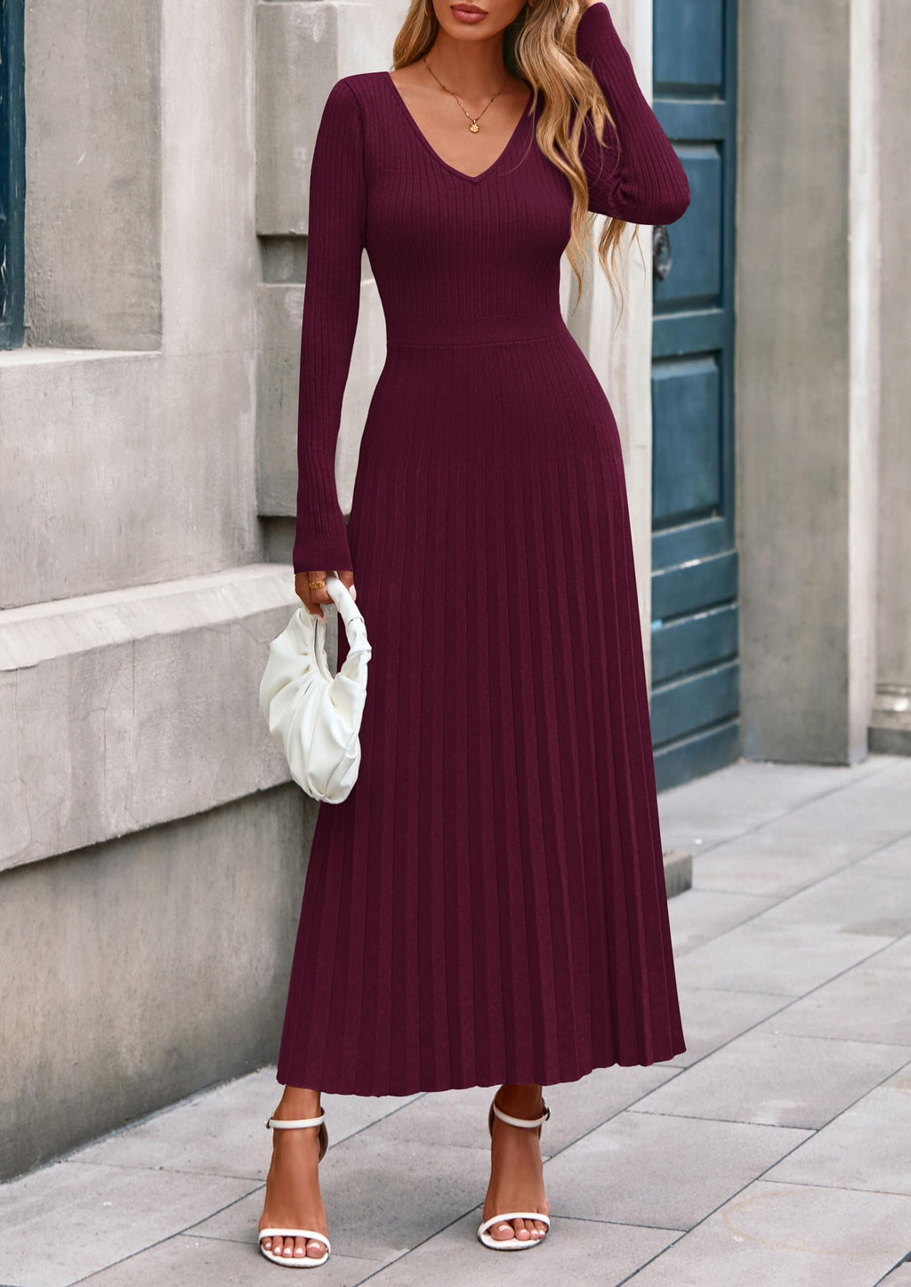 PRETTYGARDEN Women Sweater Dress Fall Fashion Long Sleeve V Neck Ribbed Knit Pleated A Line Elegant Maxi Winter Dresses