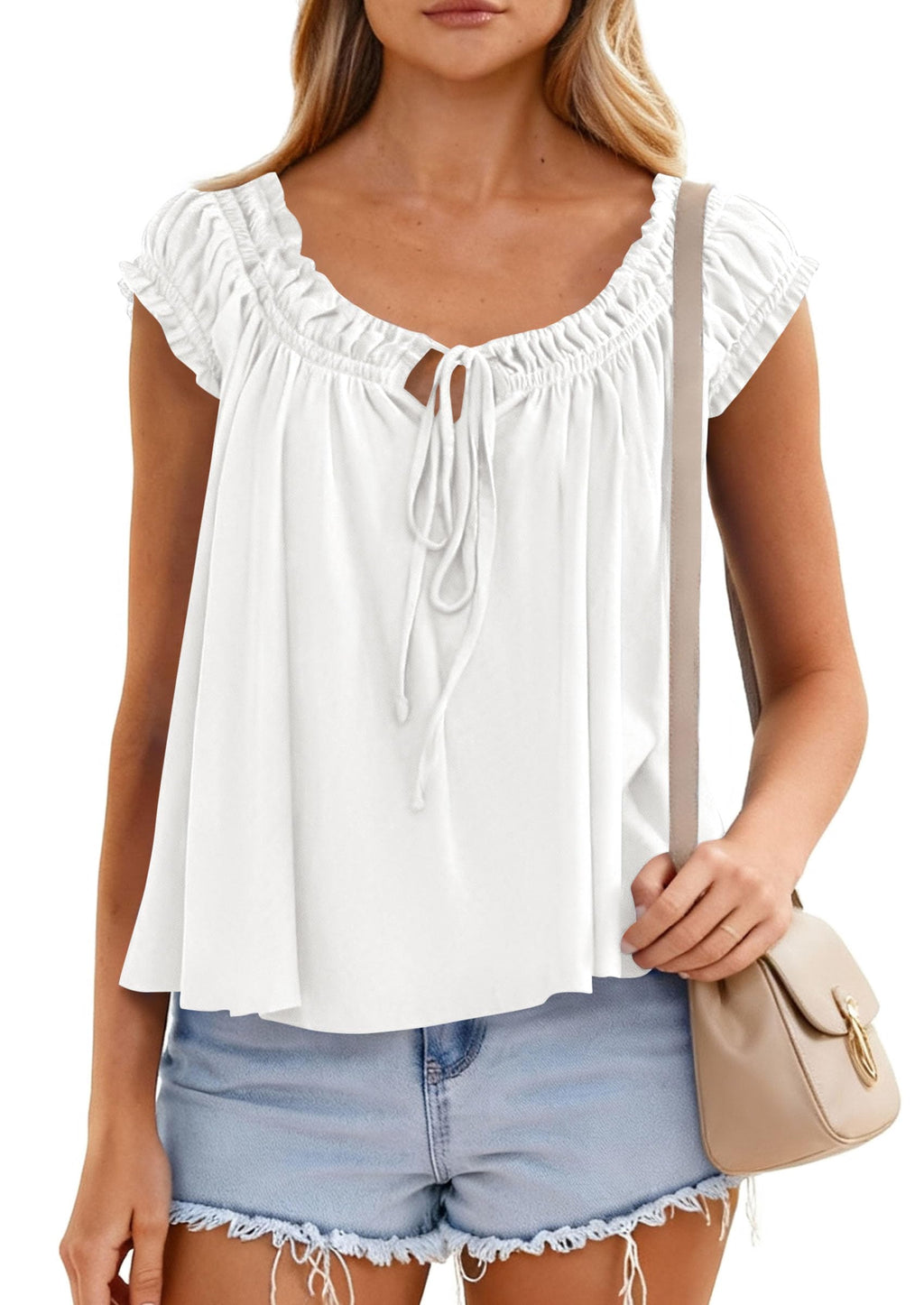 PRETTYGARDEN Women Babydoll Tops Summer Clothes Cap Sleeve Tie Front Flowy Tank Top Peplum Blouses Cute Going Out Shirts