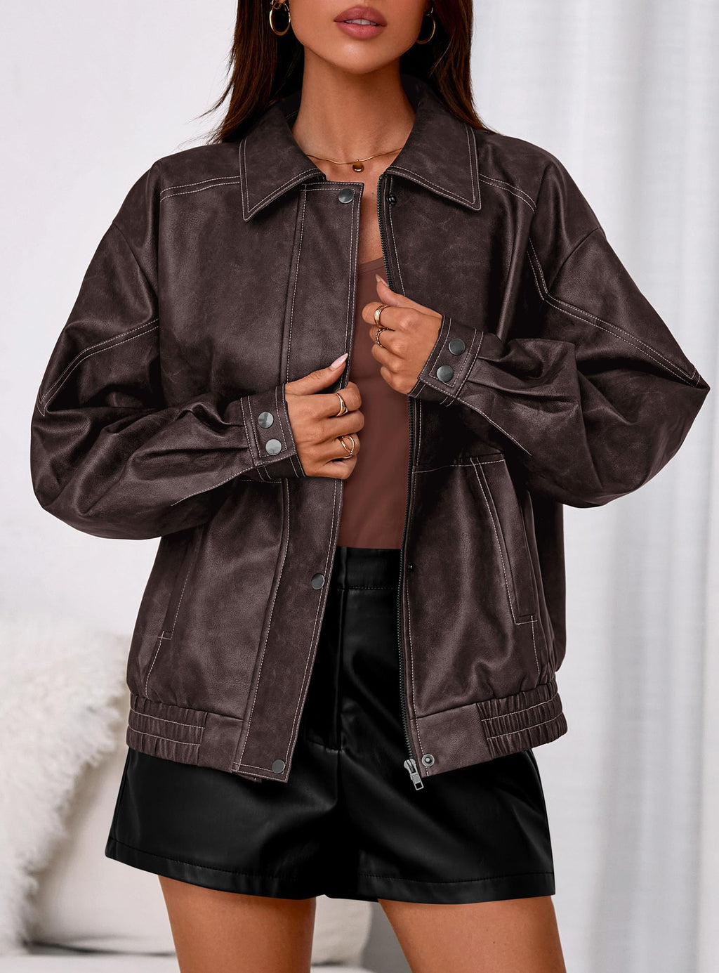 PRETTYGARDEN Faux Leather Jacket Women Bomber Motorcycle Zip Up Jackets Oversized Fall Fashion Outfits  Winter Coats