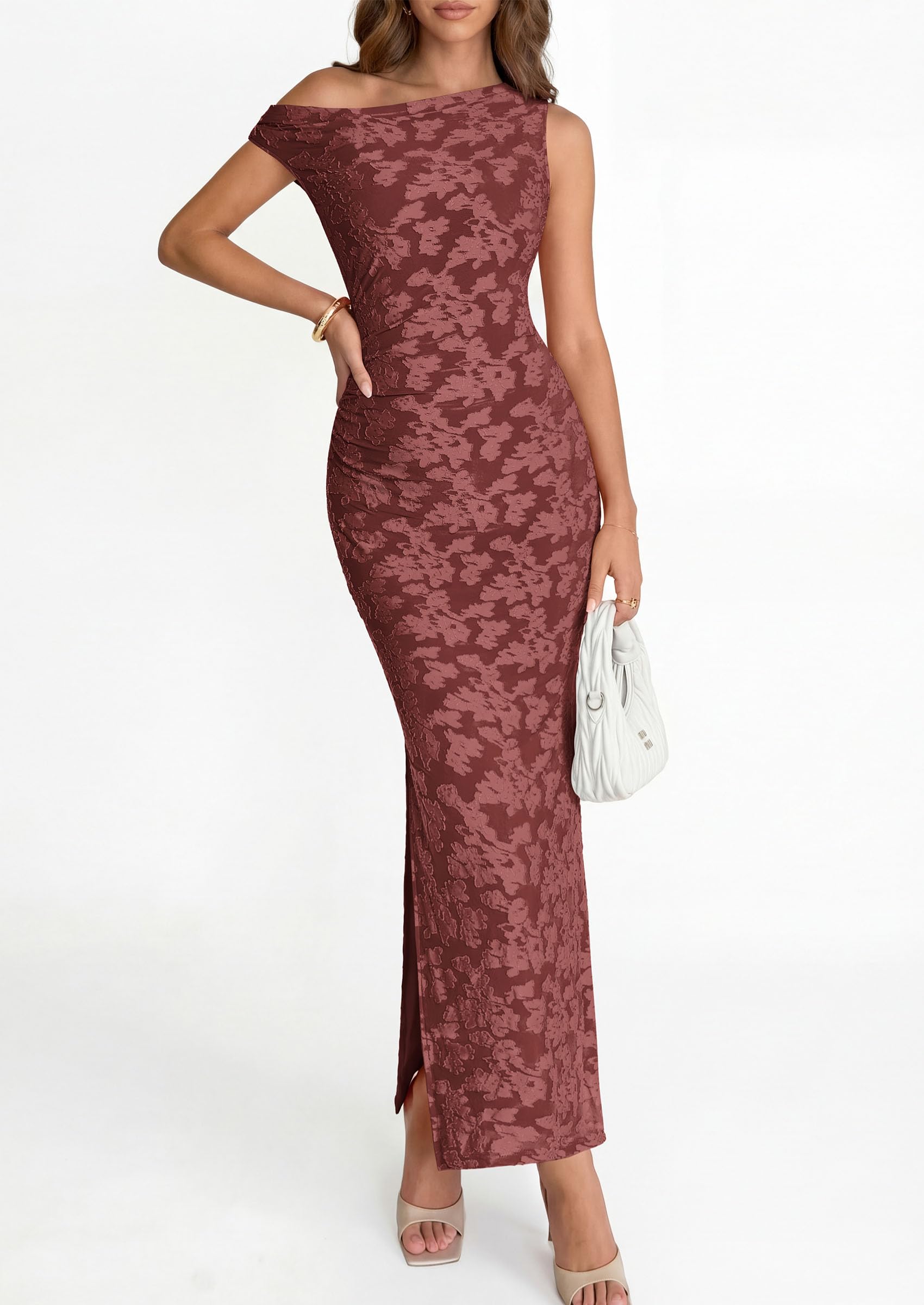 PRETTYGARDEN Womens Floral One Shoulder Maxi Dress Summer Spring Bodycon Ruched Side Slit Elegant Cocktail Party Dresses