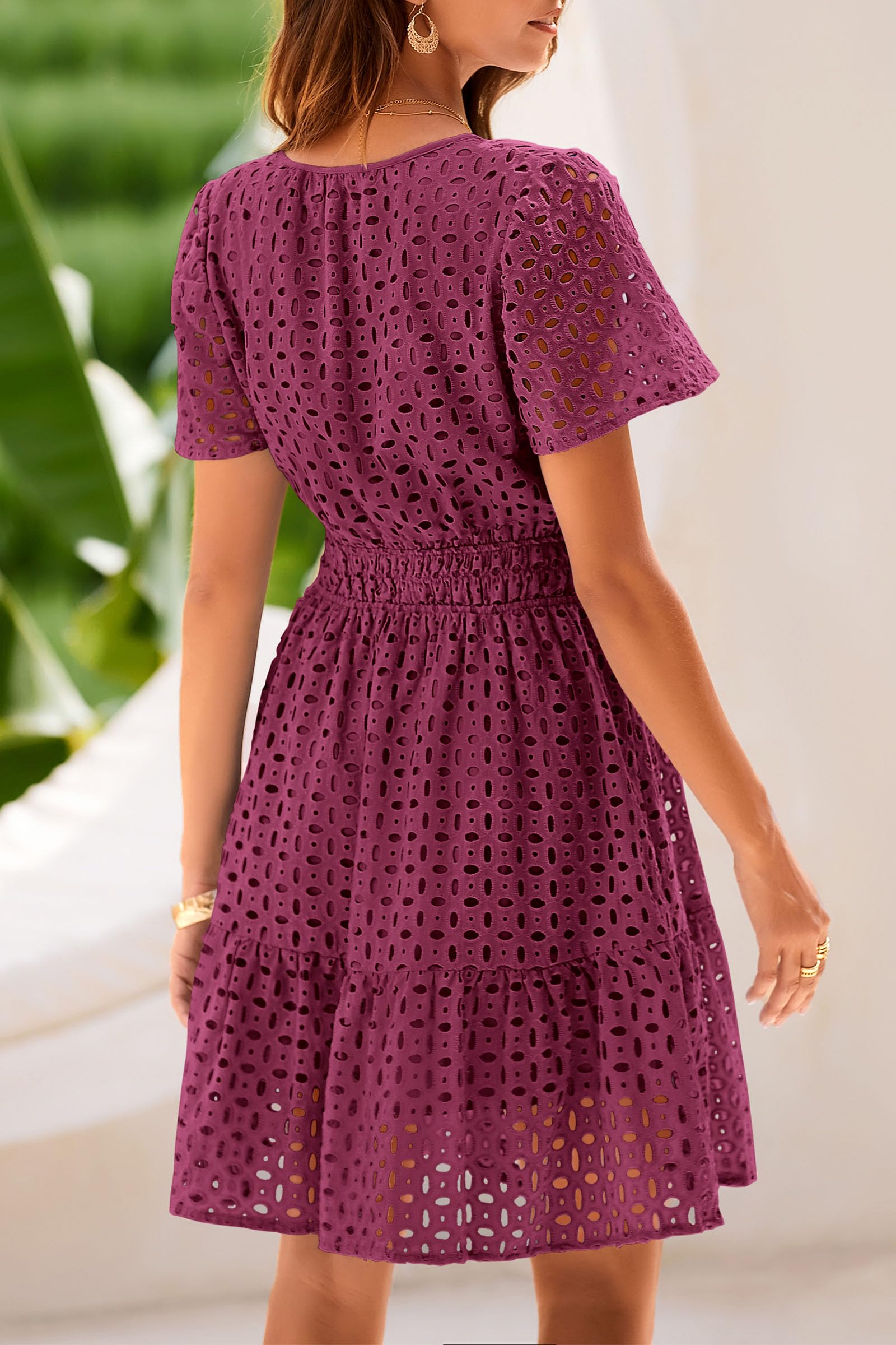 PRETTYGARDEN Womens Summer Short Dress V Neck Short Sleeve A Line Hollow Out Lace Ruffle Cute Casual Beach Party Dresses