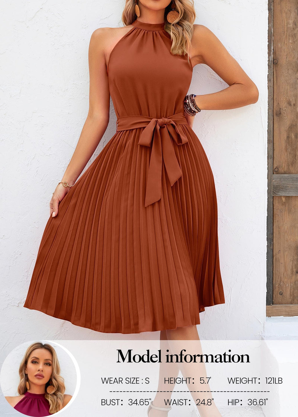 FreshPretty Women's Summer Sleeveless Halter Neck Pleated Midi Cocktail Dresses A Line Flowy Beach Sun Dress with Belt