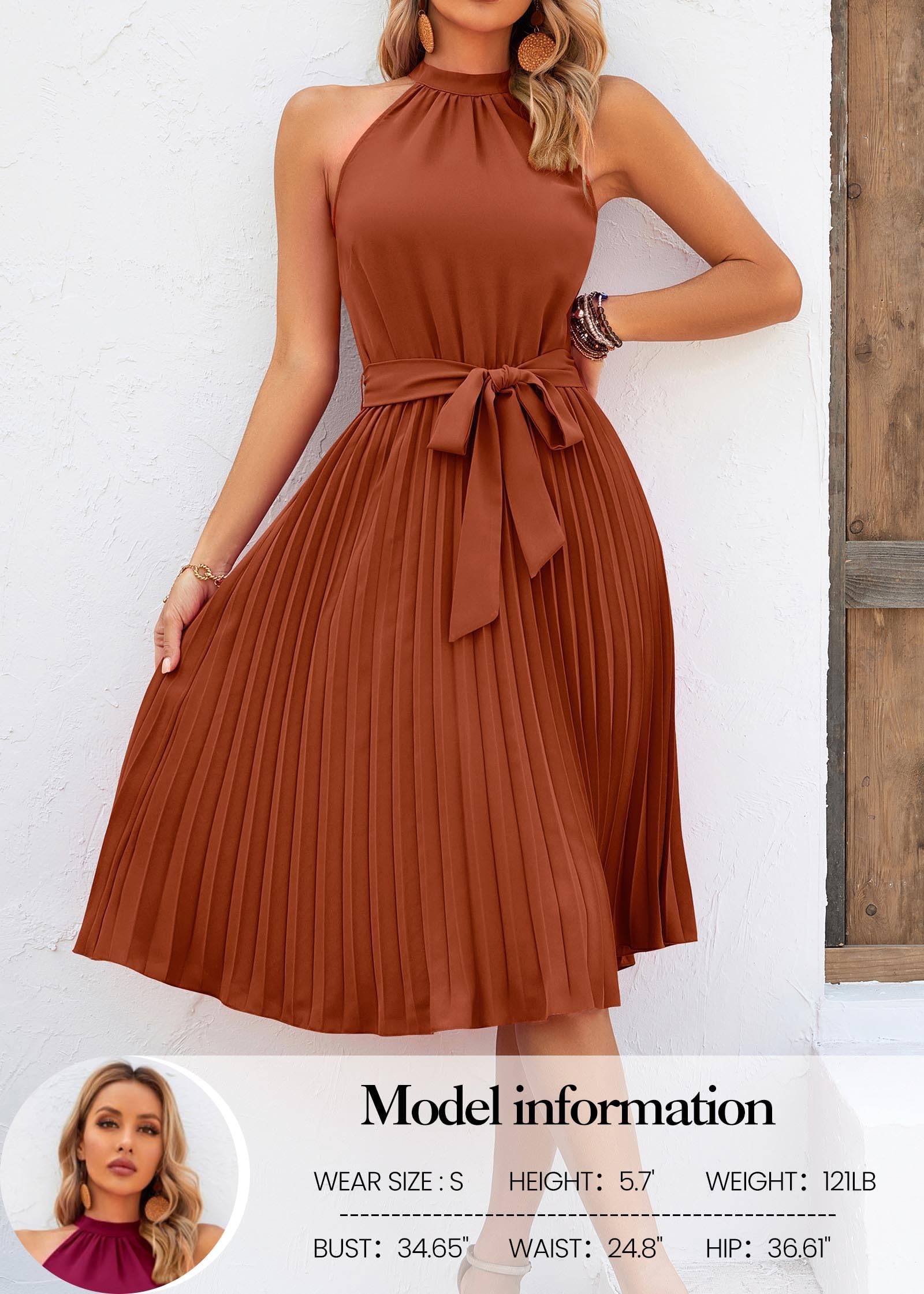 FreshPretty Women's Summer Sleeveless Halter Neck Pleated Midi Cocktail Dresses A Line Flowy Beach Sun Dress with Belt