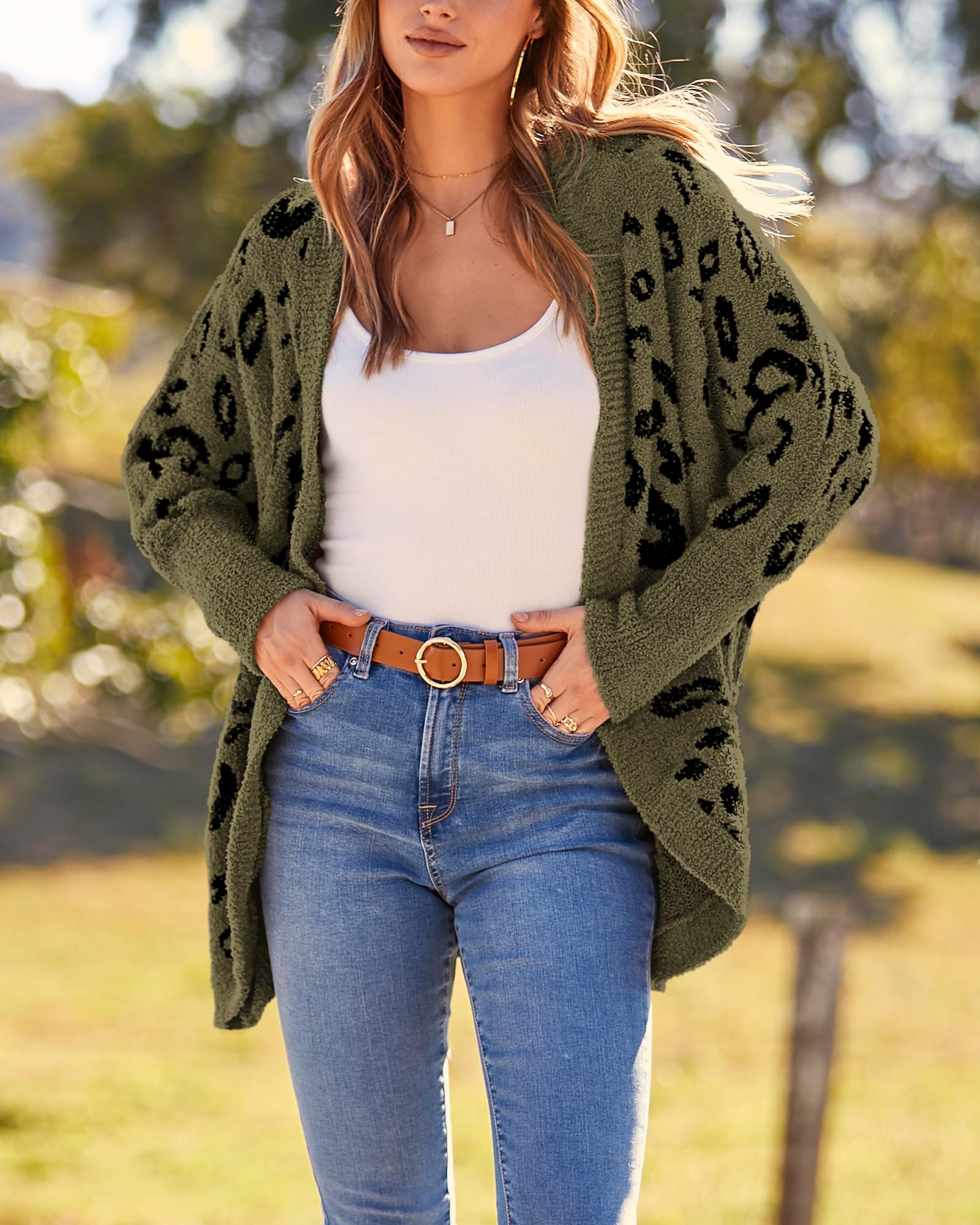 BTFBM Leopard Cardigan for Women Long Sleeve Open Front Cardigans Sweaters Pockets Loose Knit Fall Spring Outwear