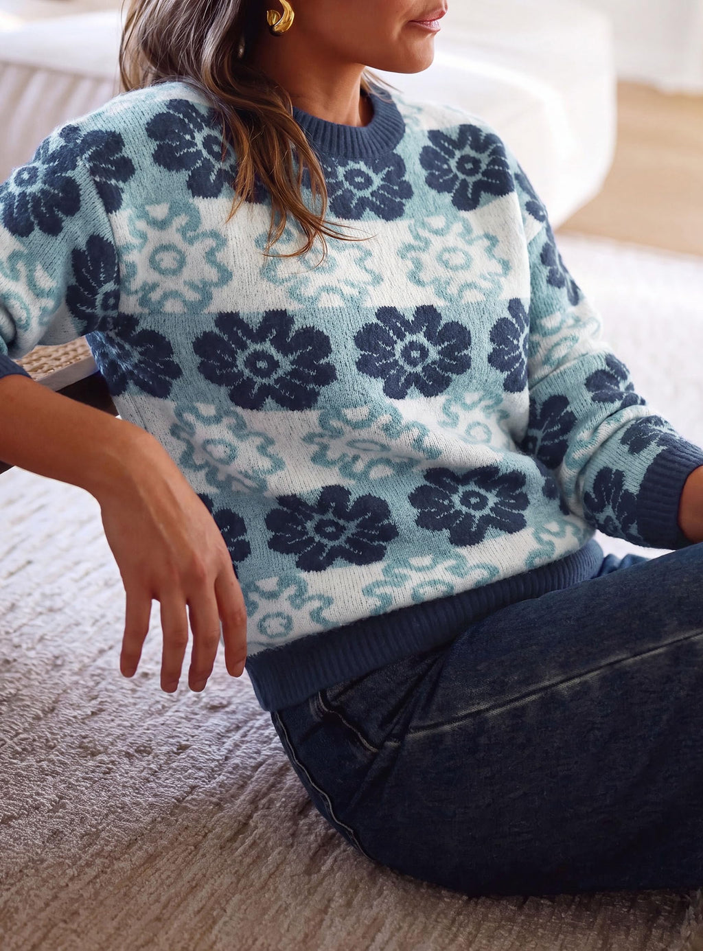 PRETTYGARDEN Women's Floral Crewneck Sweater Knit Pullover Loose Fit, Chunky Knit Sweaters Tops, Dressy Casual Work Vacation Holiday Outfits, Womens Fall Fashion, Winter Clothes