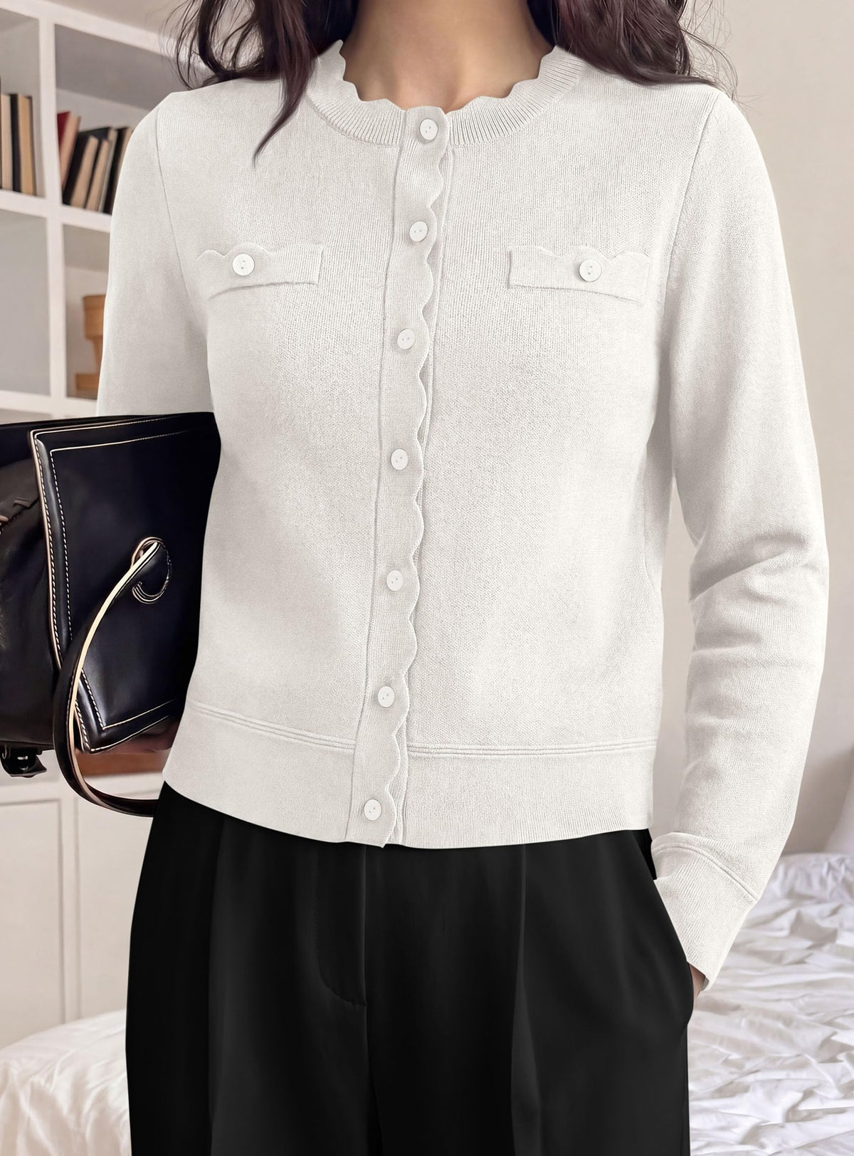 PRETTYGARDEN Cardigan Sweaters for Women Scalloped Button Up Fall Outfits Soft Knit Long Sleeve Knit Tops,Crew Neck,Business Casual Outfits,Office Work Lightweight Sweater,Layers Clothes