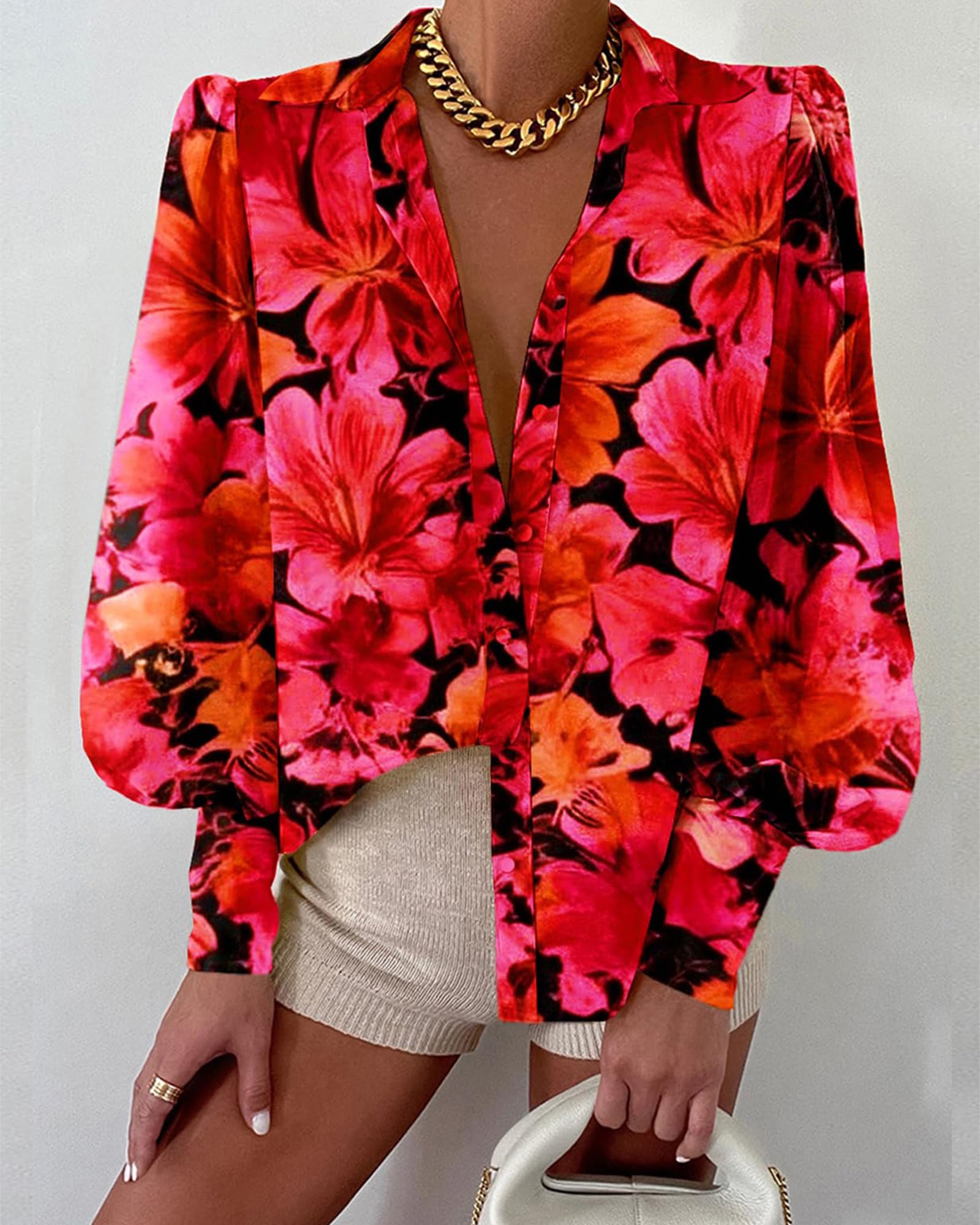 BTFBM Women Fashion Button Down Shirts V Neck Boho Printed Long Sleeve Blouses Dressy Casual Spring Fall Tops