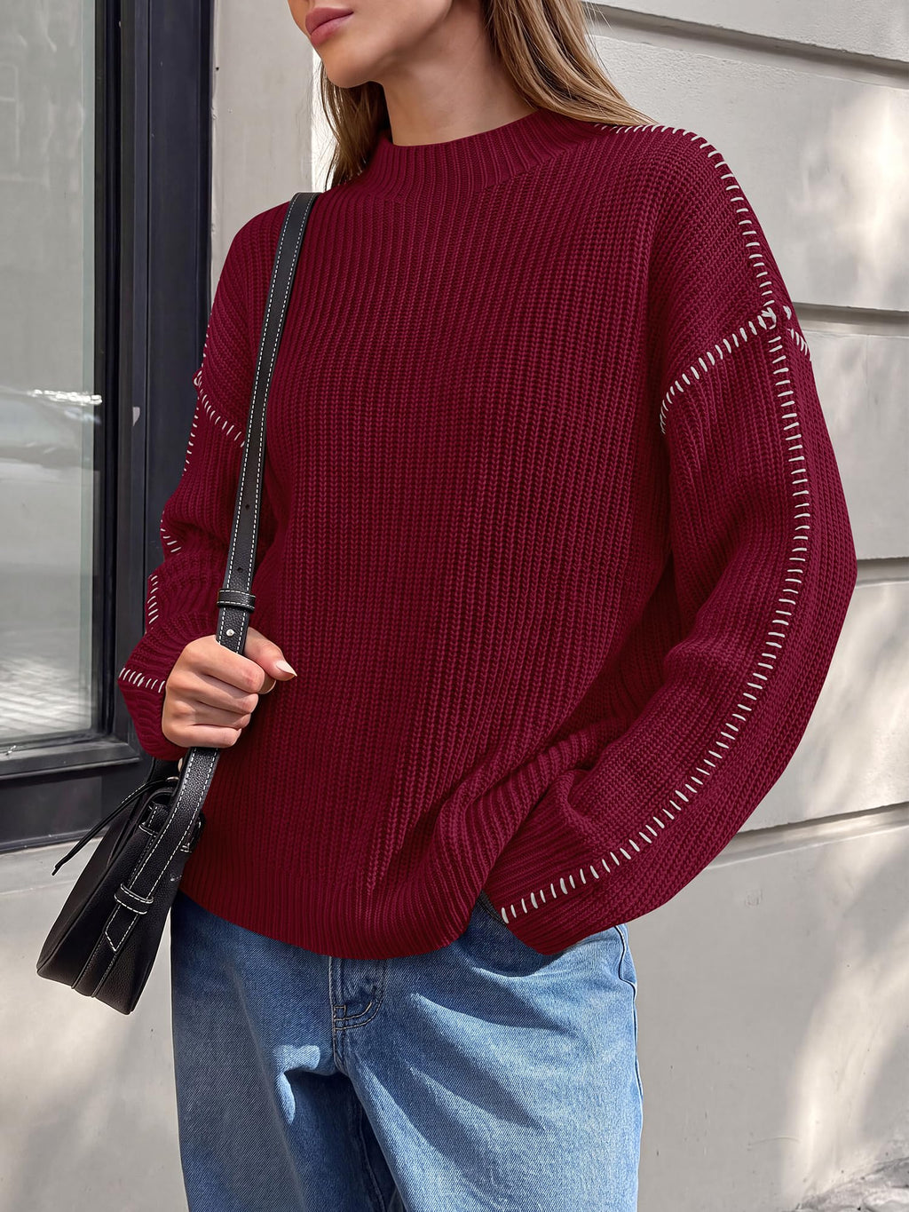 "BTFBM Womens Oversized Sweaters Contrast Chunky Knit Sweater Loose Fit Mock Neck Long Sleeve Tops, Soft Cozy Knitwear, Fall Fashion 2026, Casual Winter Clothing, Daily Going Out Outfits"