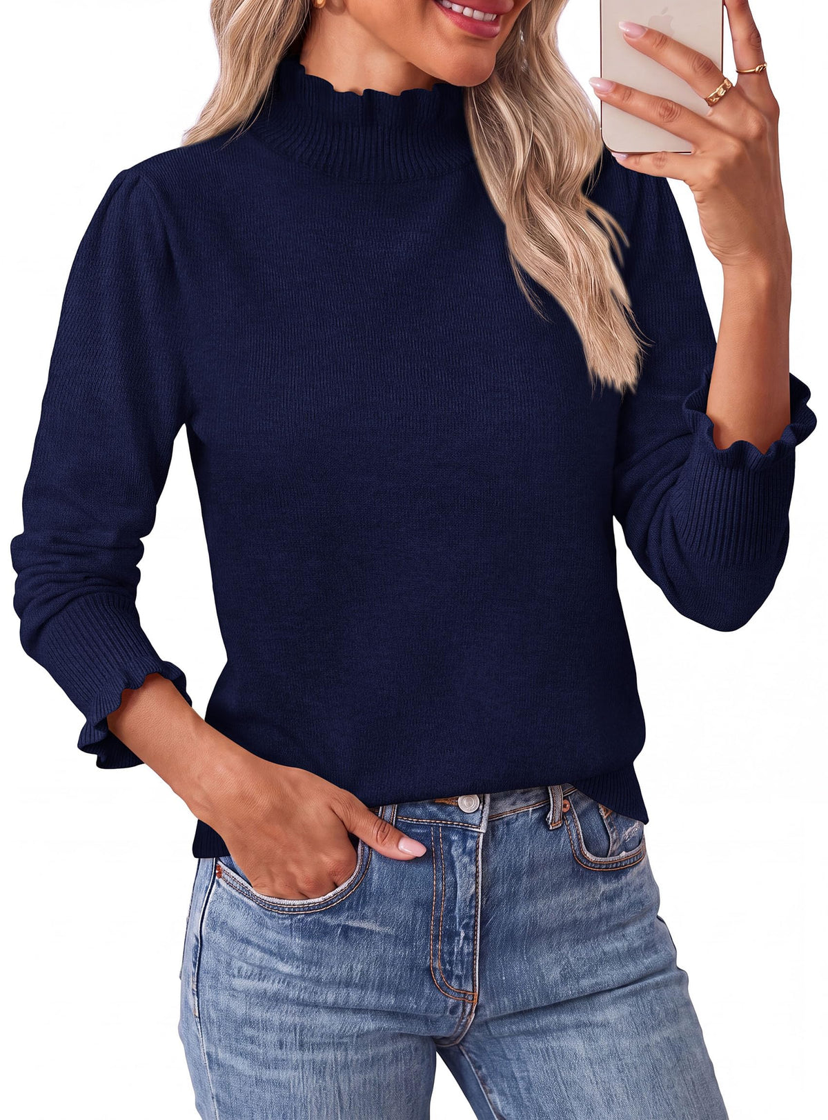 PRETTYGARDEN Women's Fall Cozy Sweaters Trendy Ruffle Mock Neck Pullover Soft Stretchy Warm, Ribbed Knit, Cute Tops, Puff Long Sleeve Blouses, Dressy Casual Shirts,Winter Clothing