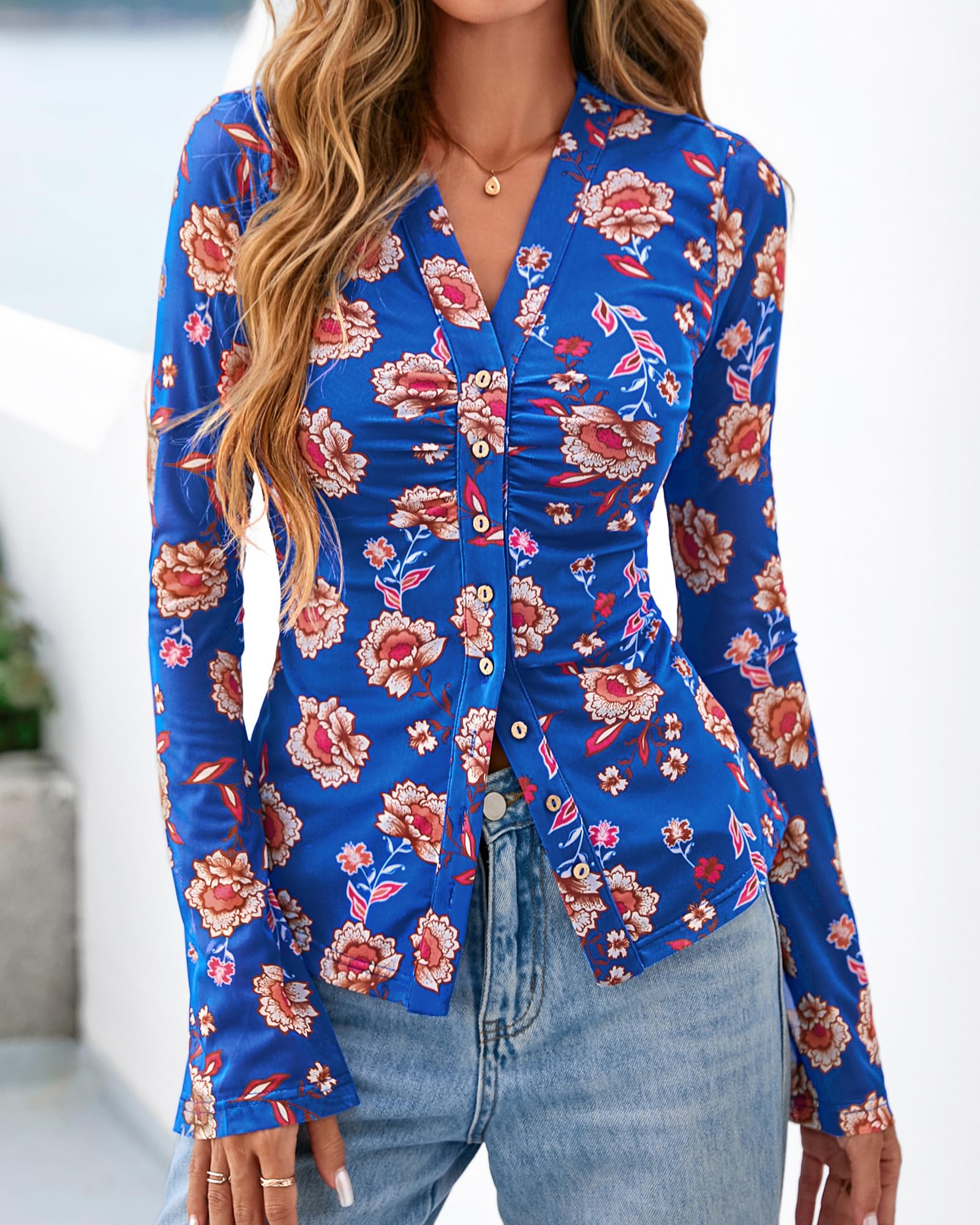 BTFBM Button Down Shirts for Women Spring Boho Tops V Neck Long Sleeve Blouses Ruched Mesh Fitted Fall Fashion