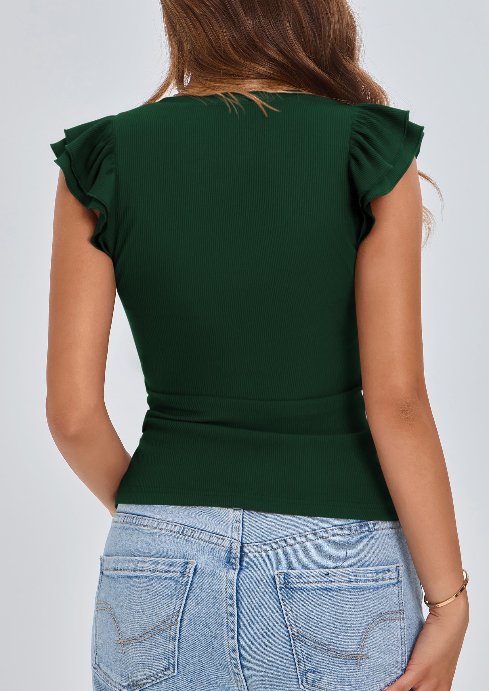 PRETTYGARDEN Womens V Neck Summer Tops Ruffle Sleeveless Slim Fit T Shirts Going Out Casual Blouses