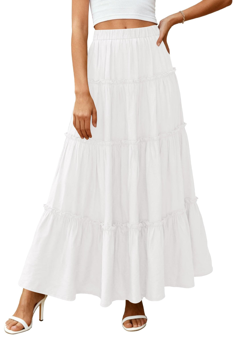 PRETTYGARDEN Women's Tiered Maxi Skirt Summer Spring Fashion High Waisted Long Flowy Casual Boho Beach Vacation Clothes