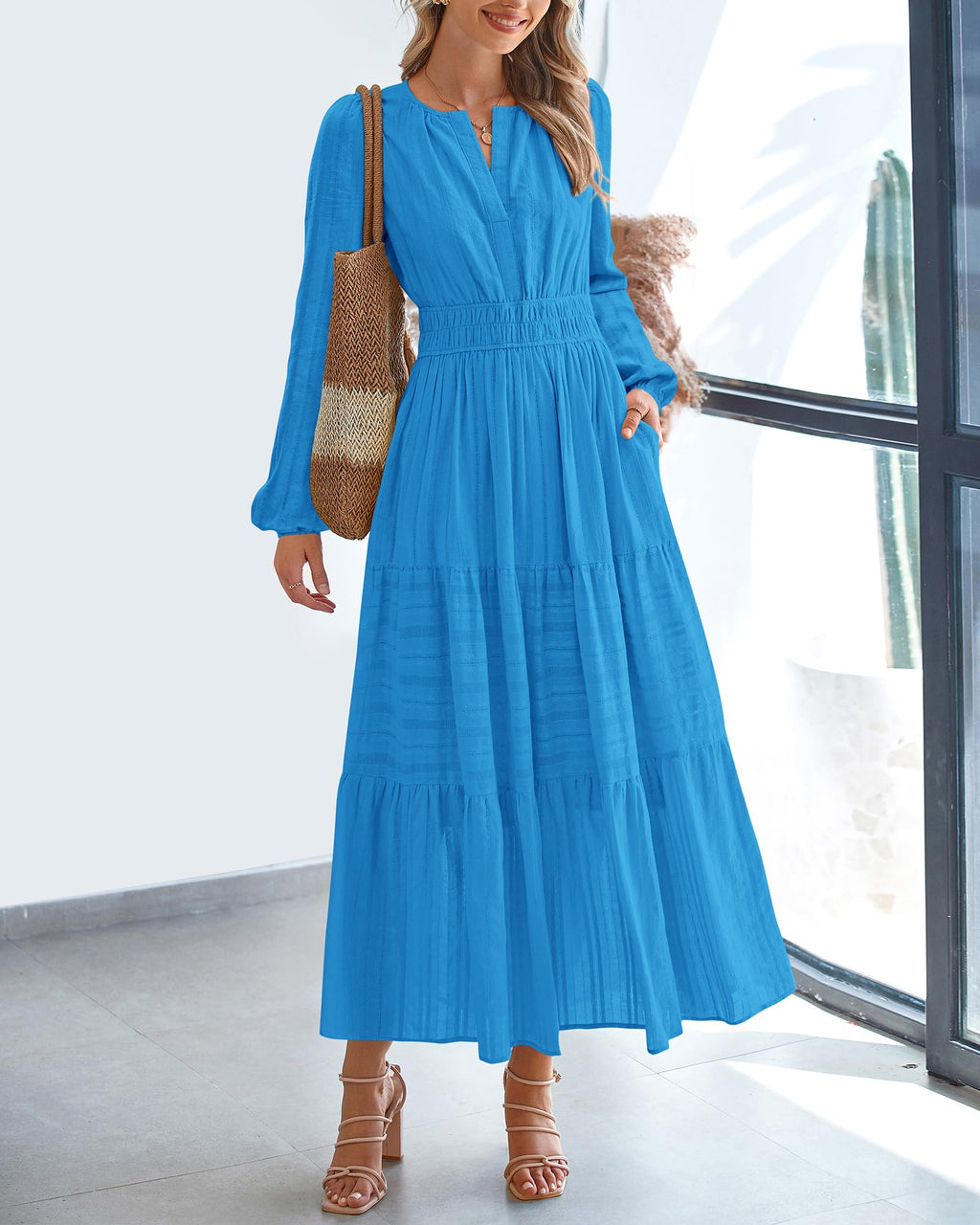 BTFBM Spring Dresses for Women 2026 Casual Long Sleeve V Neck Elastic Waist Lightweight Maxi Wedding Guest Dress Pockets