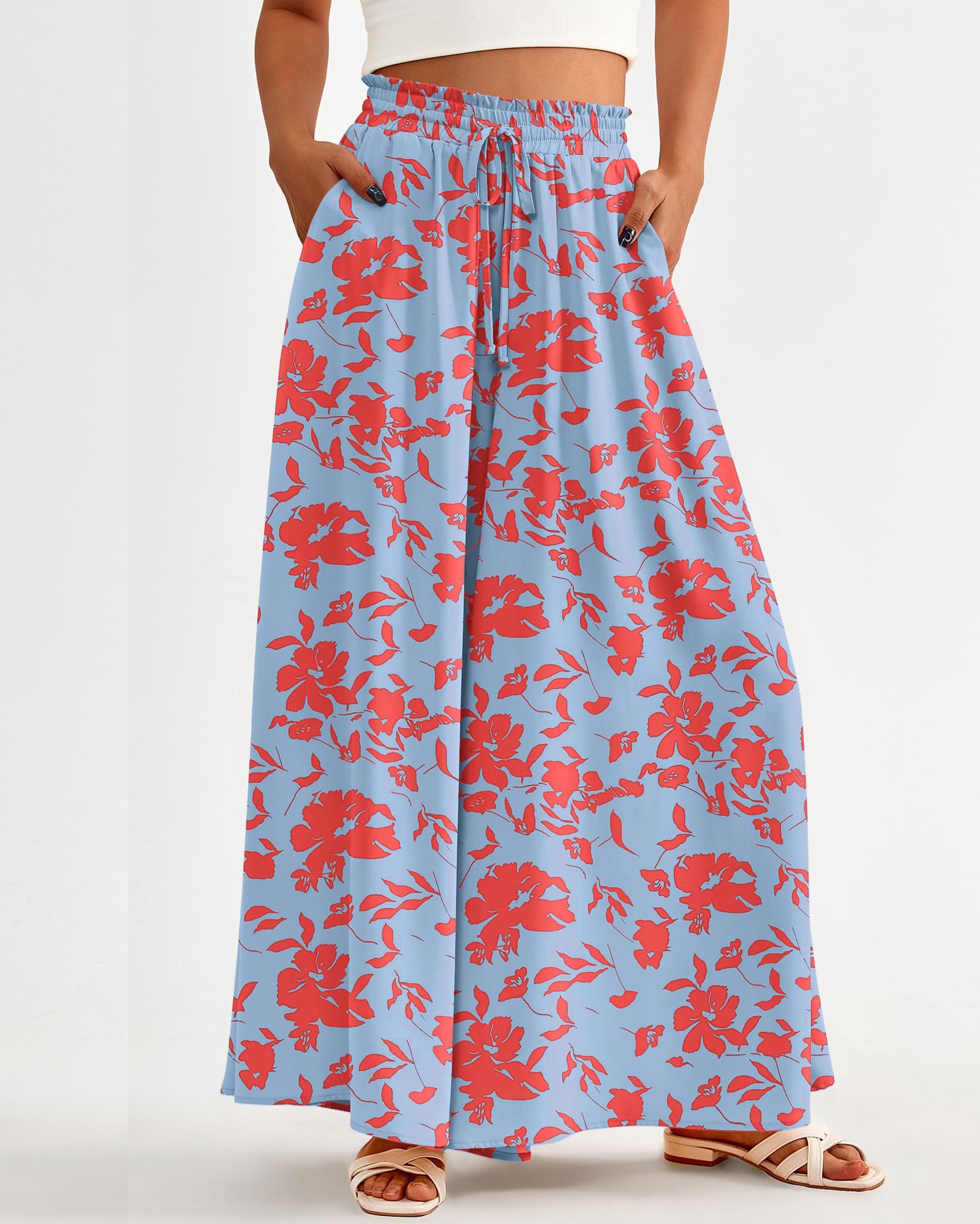 BTFBM Women Casual High Waist Wide Leg Pants Spring Summer Long Palazzo Pants Pocket Lounge Beach Vacation Clothes