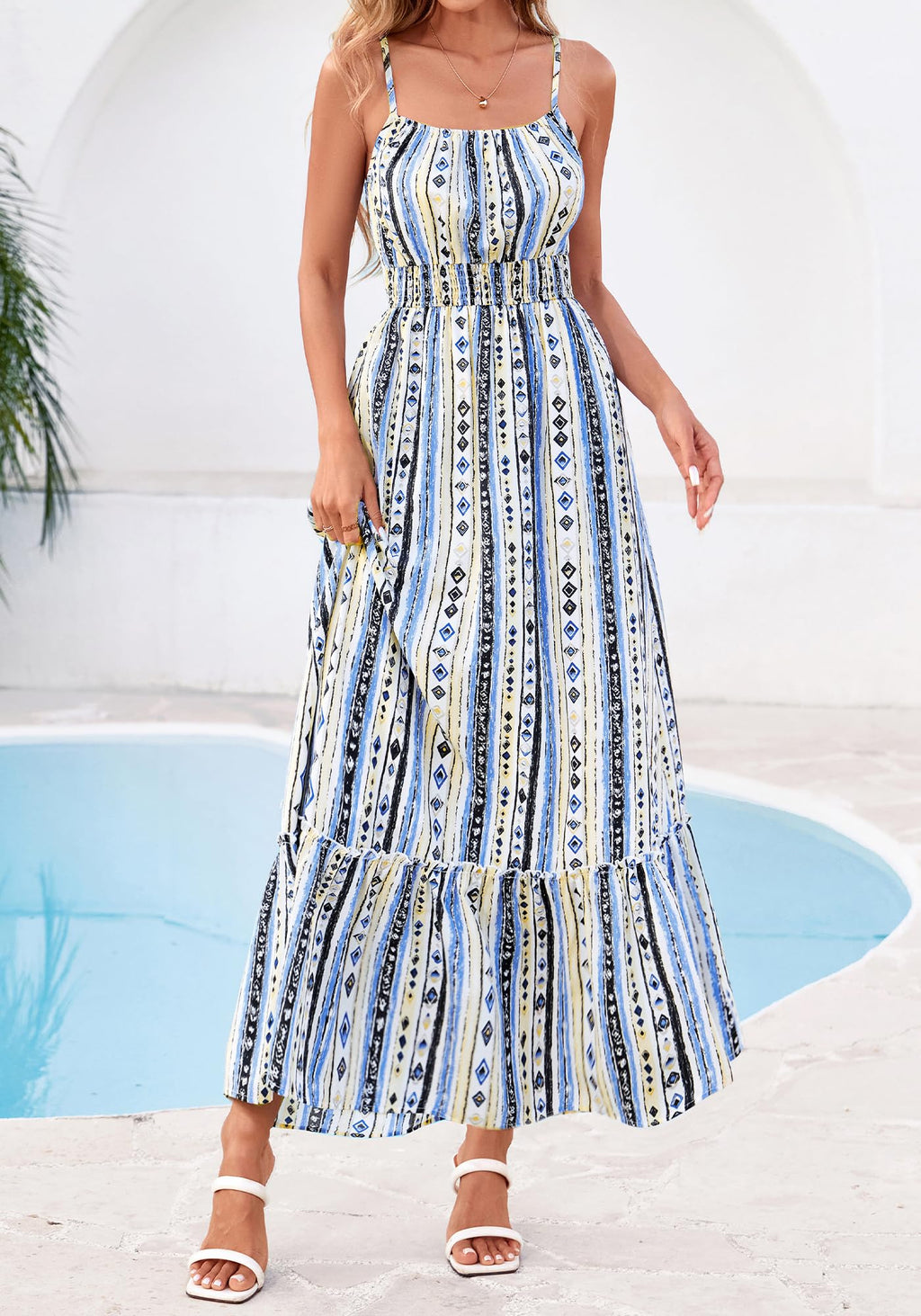 BTFBM Summer Dresses for Women Sundresses Sleeveless Spaghetti Strap Boho Beach Vacation Outfits Spring Maxi Dress