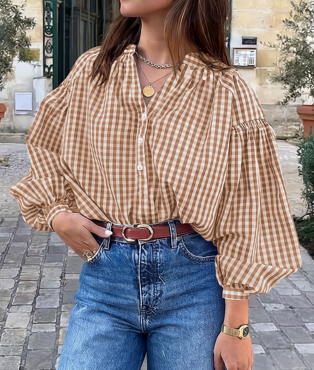 PRETTYGARDEN Women Fall Plaid Long Puff Sleeve Shirts V Neck Casual Blouses Gingham Button Down Oversized, Pleated Drop Shoulder Cotton Tops, Dressy Casual, Work Vacation Travel, Fall Outfits Trendy