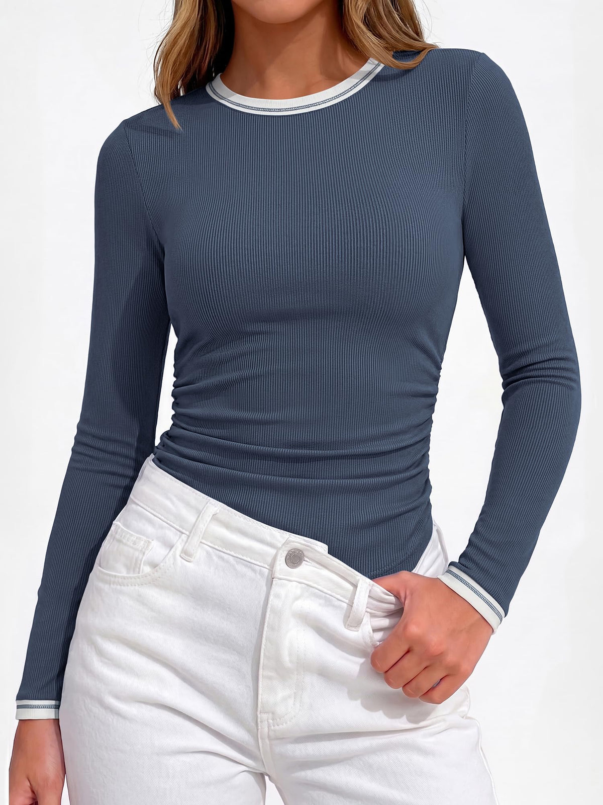 BTFBM Ribbed Long Sleeve Shirts for Women Fitted Underscrub Contrasting Crew High Neck, Ruched Side, Y2k Going Out Tops, Date Night Outfit, Work Top, Winter Fall Fashion Clothing