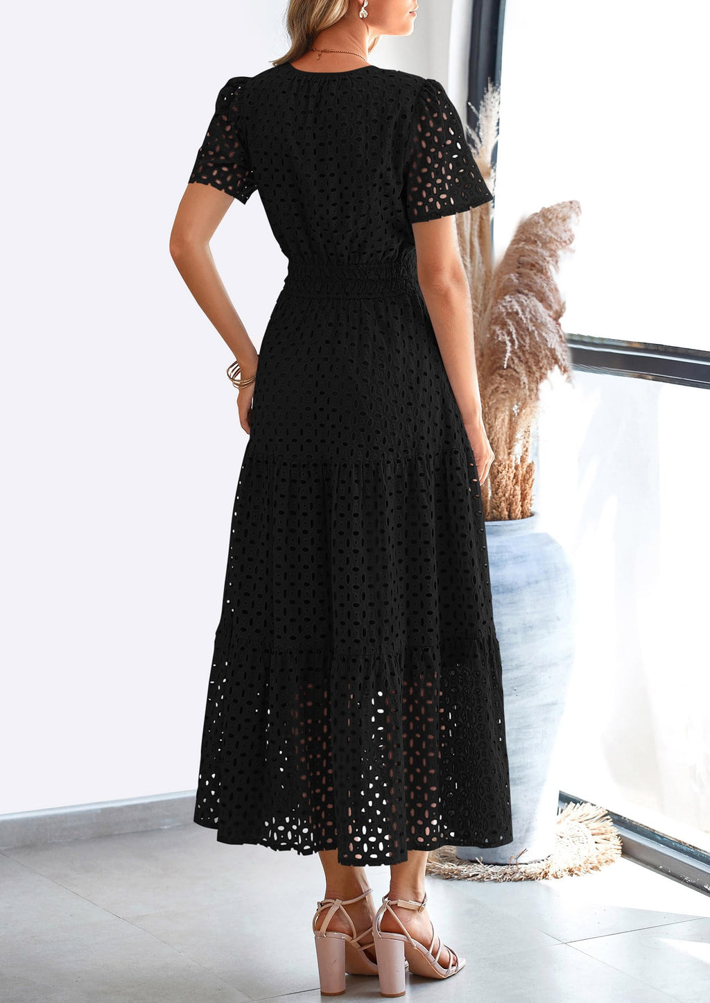 PRETTYGARDEN Womens Summer Maxi Dress Short Sleeve V Neck Hollow Out Eyelet A Line Long Flowy Beach Vacation Dresses