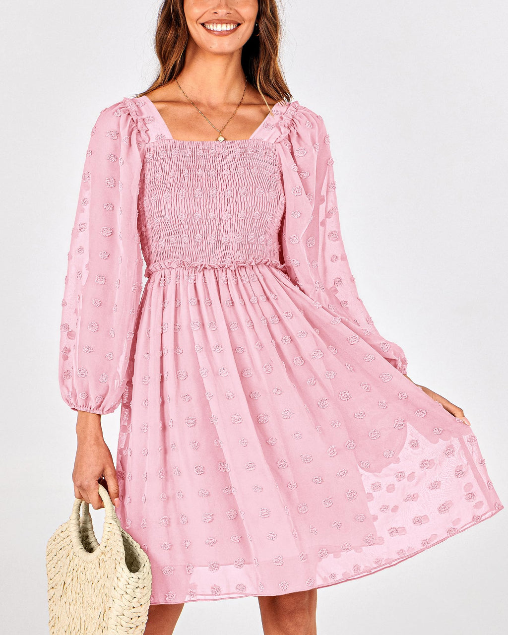 BTFBM Womens Long Sleeve Dress Summer Vacation Square Neck Smocked Floral Mini Boho Spring Wedding Guest Dresses