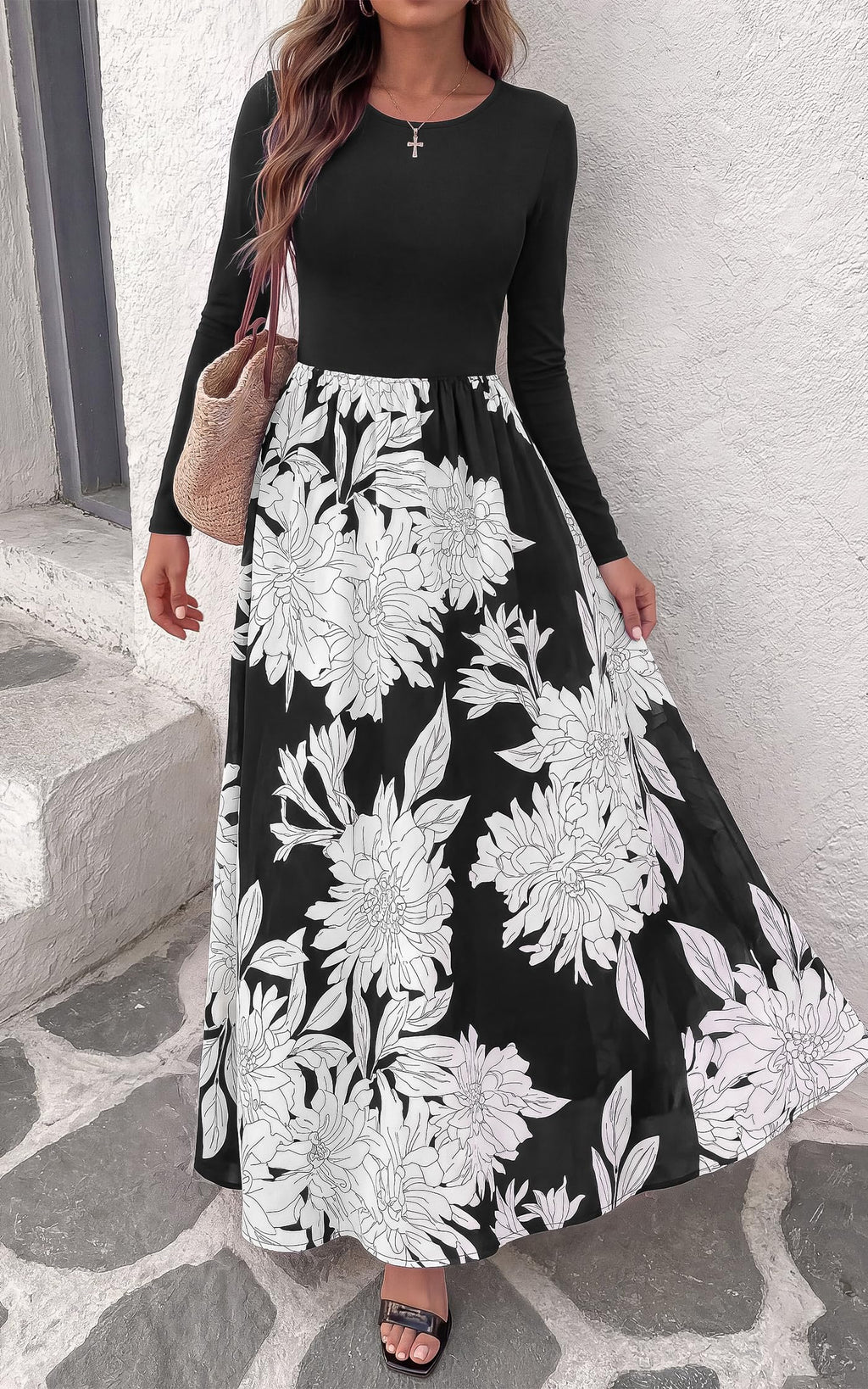 FreshPretty Women's Long Sleeve Boho Floral Flowy Fall Maxi Dress,Wedding Guest Dress,Elegant A Line Swing Bohemian Long Dresses with Pockets,Church Garden Party Resort Cruise Vacation Dress