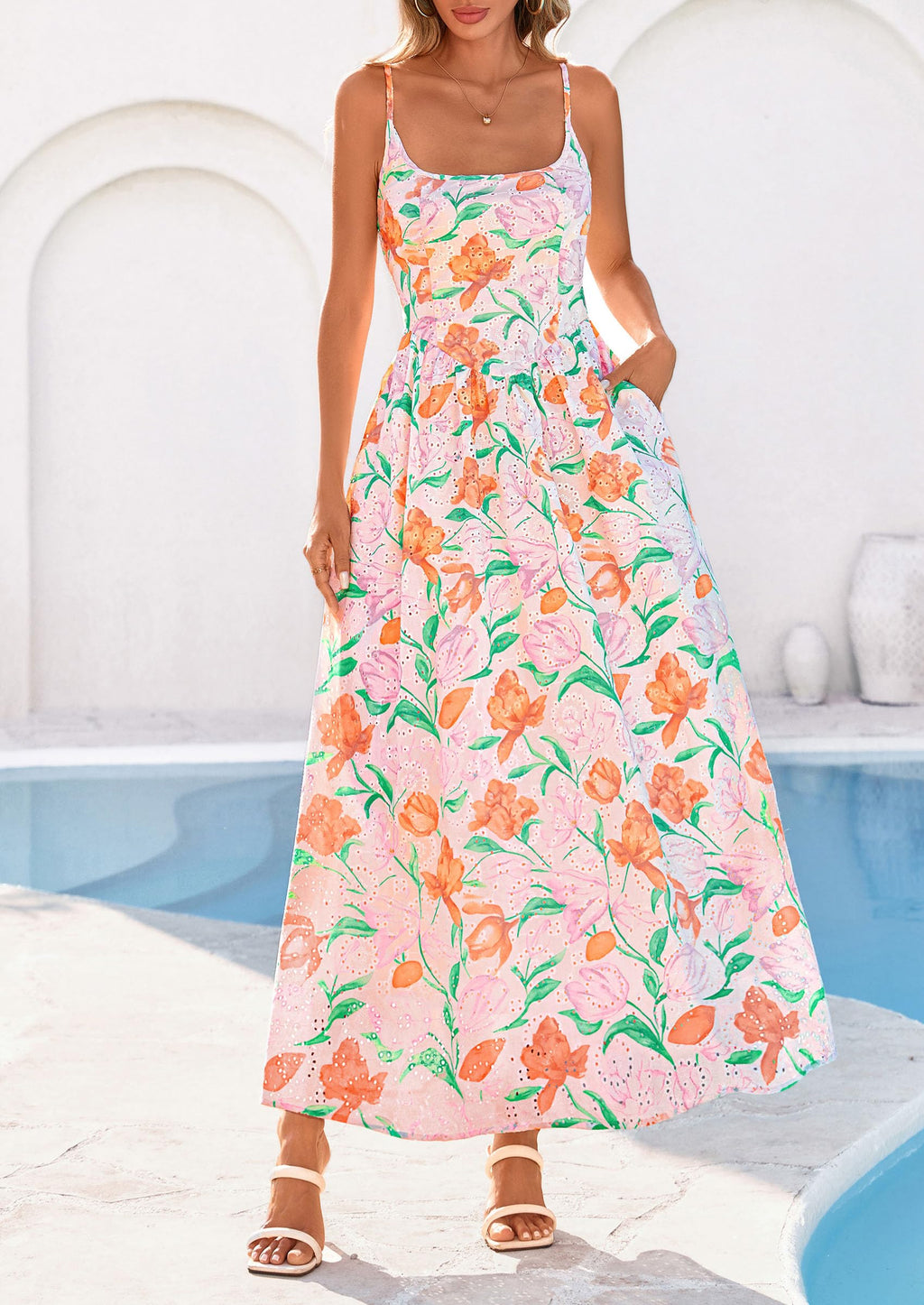 PRETTYGARDEN Womens Spring Boho Maxi Dress Eyelet Floral Long Flowy Sundresses Summer Beach Vacation Clothes
