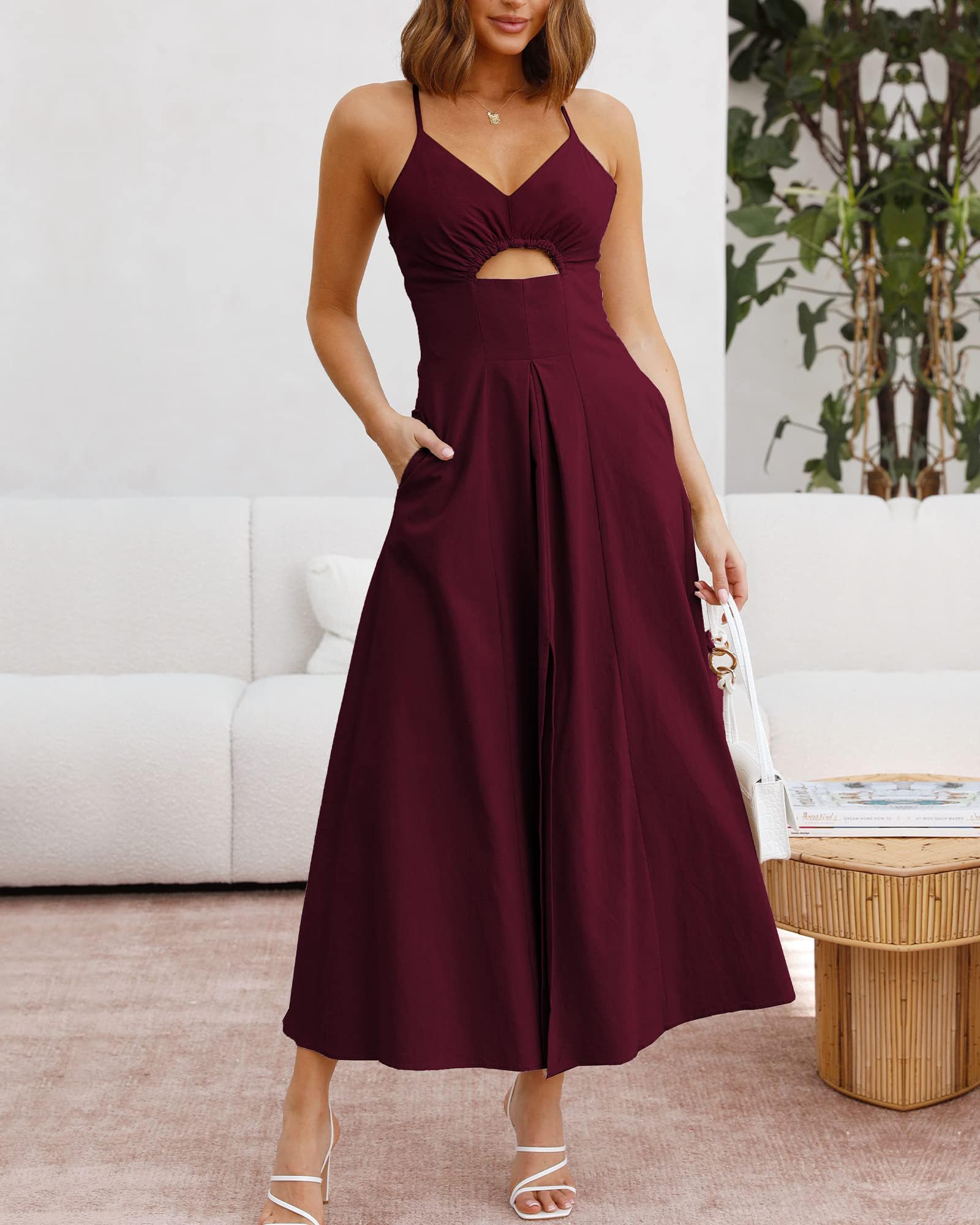 BTFBM Women Spaghetti Strap Midi Summer Dresses Sleeveless V Neck Cutout Slit Casual Beach Party Maxi Dress Pockets