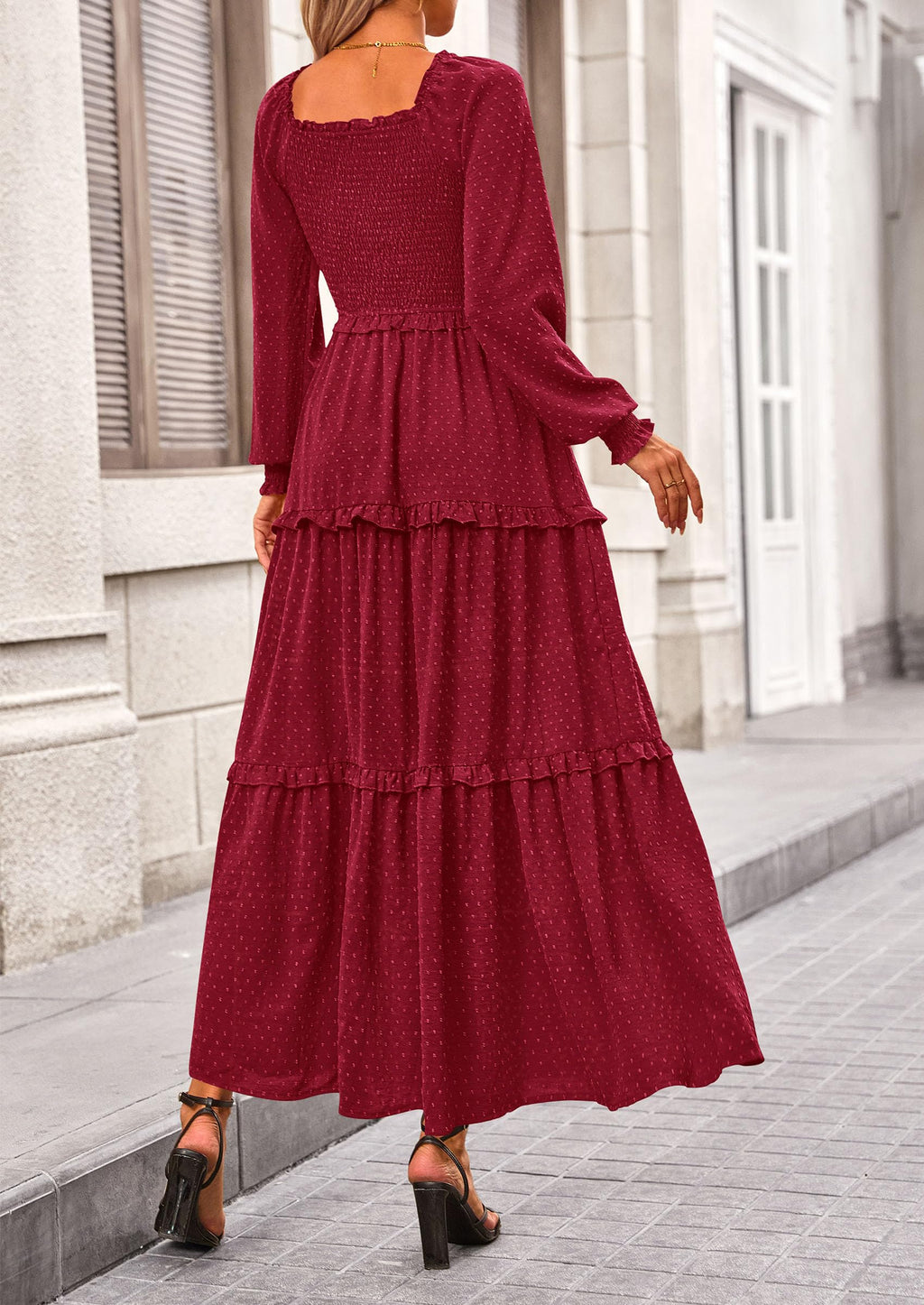 PRETTYGARDEN Fall Dresses for Women Long Sleeve Smocked Square Neck Swiss Dot Tiered Flowy Wedding Guest Maxi Dress