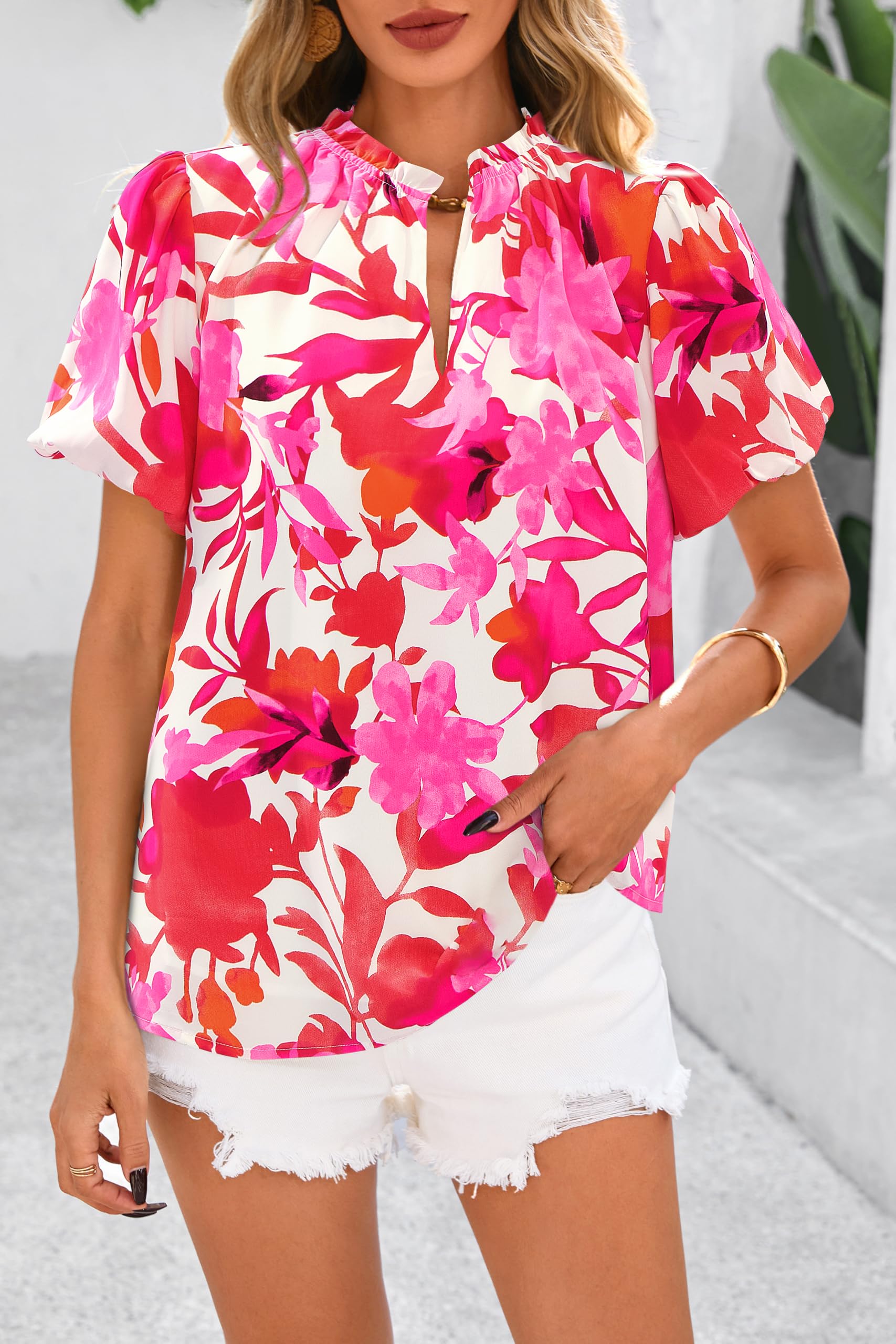 PRETTYGARDEN Boho Short Sleeve Floral Work Blouses for Women Dressy Casual V Neck Puff Sleeve Loose Chiffon Flowy Tops Shirts