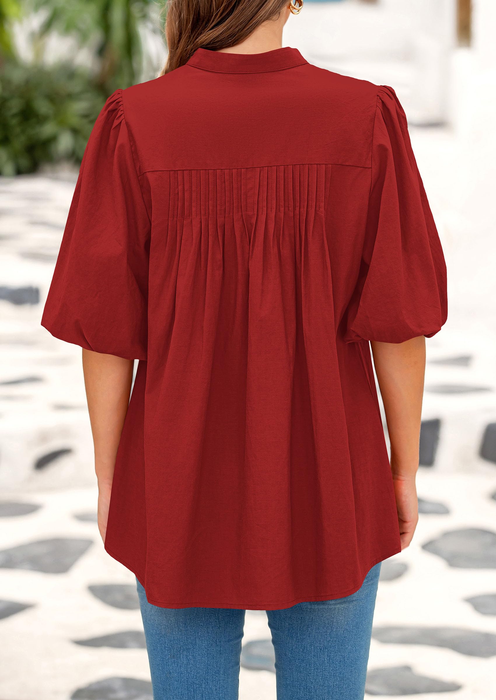 PRETTYGARDEN Women's  Summer Short Lantern Sleeve Tops Loose Fit Button Down Shirt Pleated V Neck Blouses Trendy Clothes
