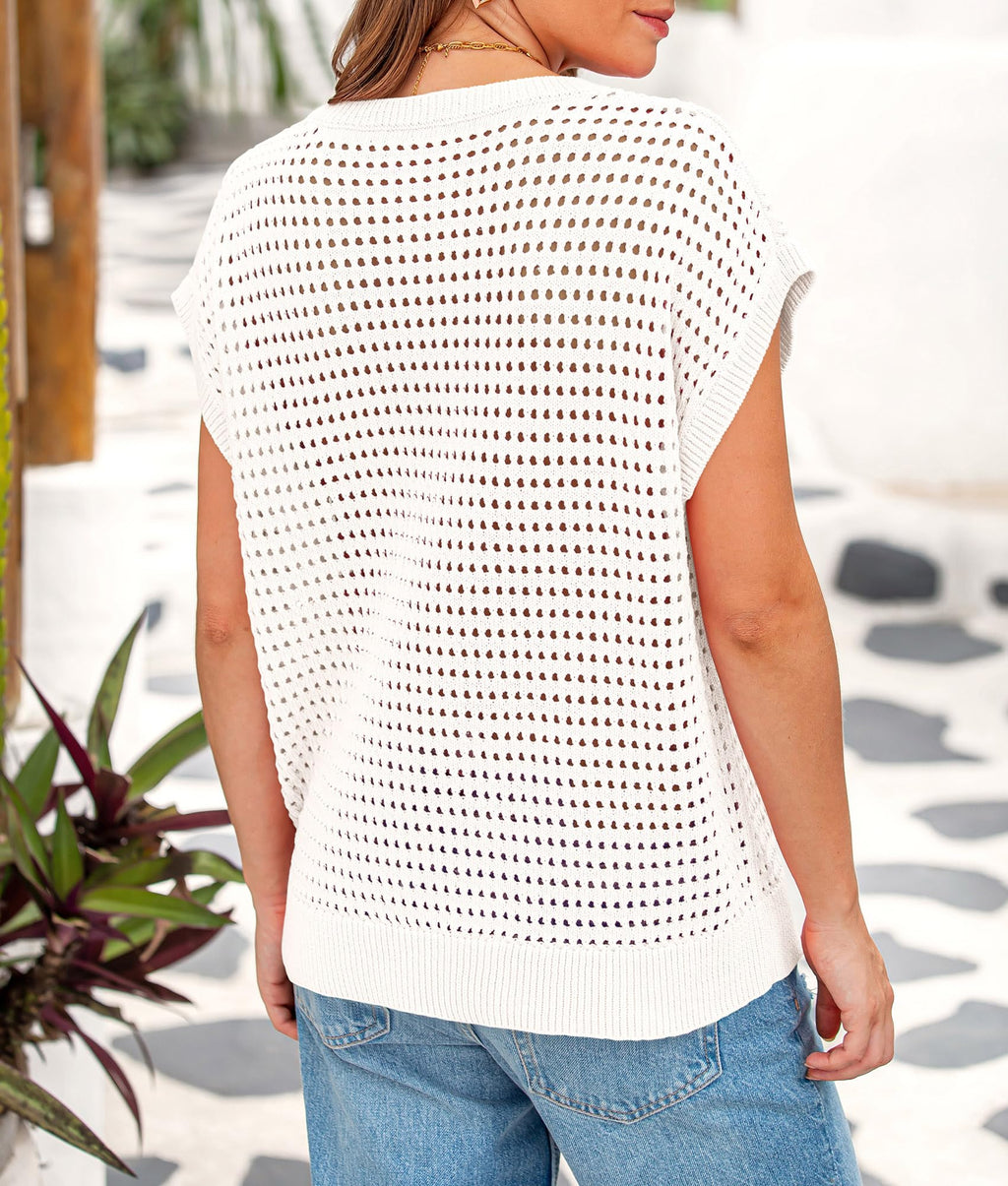 PRETTYGARDEN Womens Spring Tops Summer Shirts Crochet Cap Sleeve Sweater Pullover Cute Beach Vacation Clothes