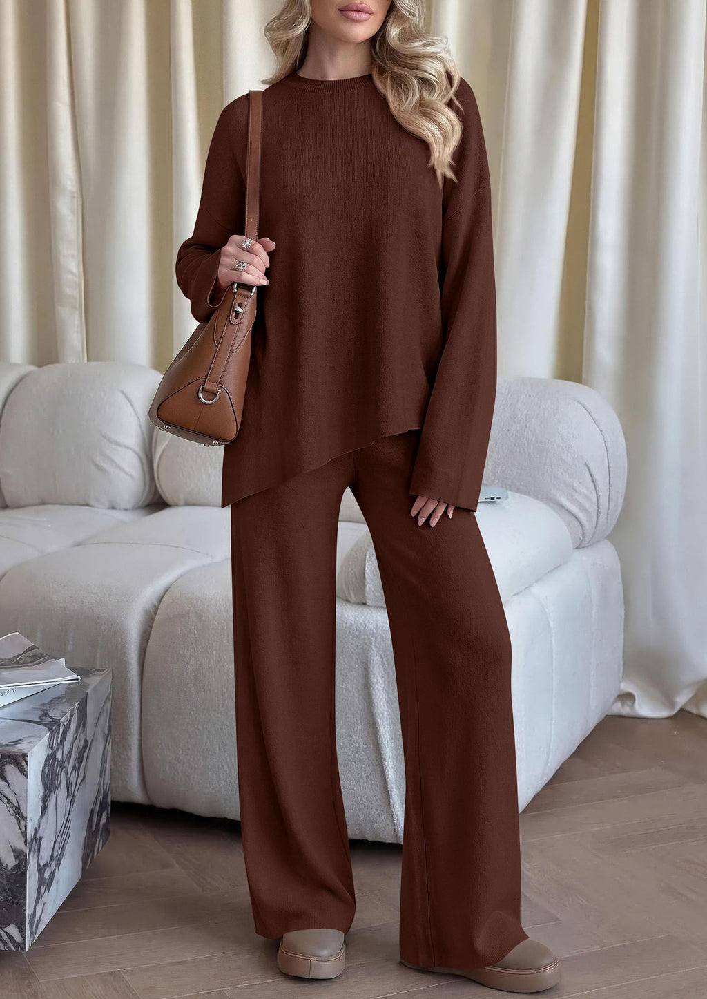 PRETTYGARDEN Womens Fall 2 Piece Asymmetric Cozy Sweater Travel Lounge Sets Crewneck Drop Shoulder Tops, Wide Leg Pants, Soft Casual Knit Matching Set,Vacation Airport Holiday Outfits