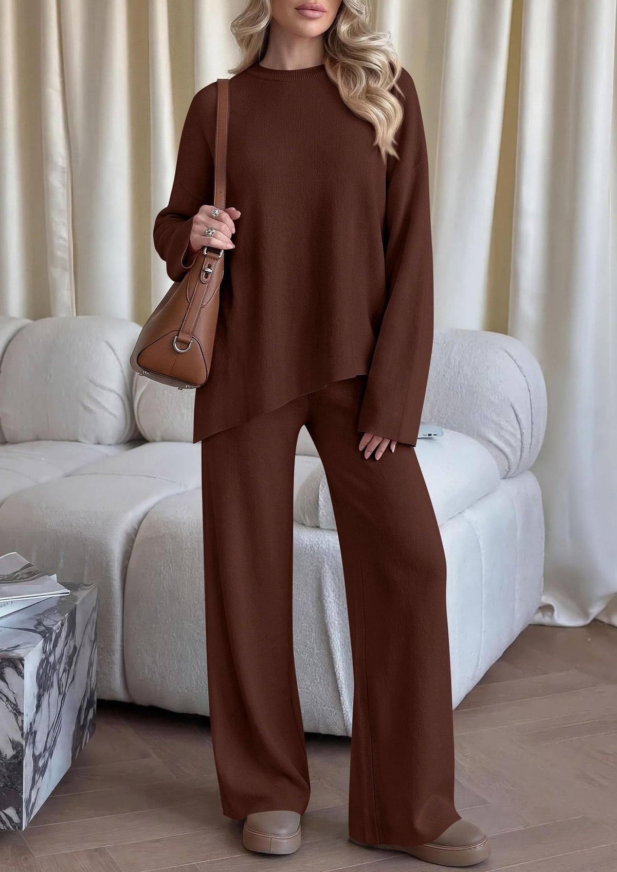 PRETTYGARDEN Womens Fall 2 Piece Asymmetric Cozy Sweater Travel Lounge Sets Crewneck Drop Shoulder Tops, Wide Leg Pants, Soft Casual Knit Matching Set,Vacation Airport Holiday Outfits