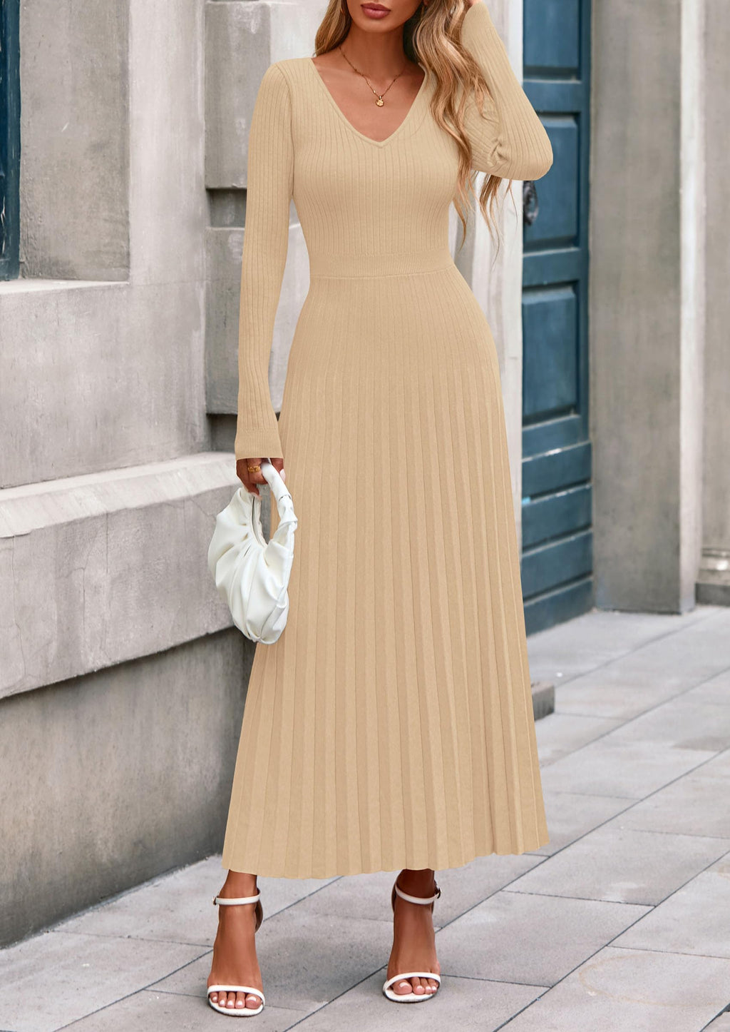 PRETTYGARDEN Women Sweater Dress Fall Fashion Long Sleeve V Neck Ribbed Knit Pleated A Line Elegant Maxi Winter Dresses