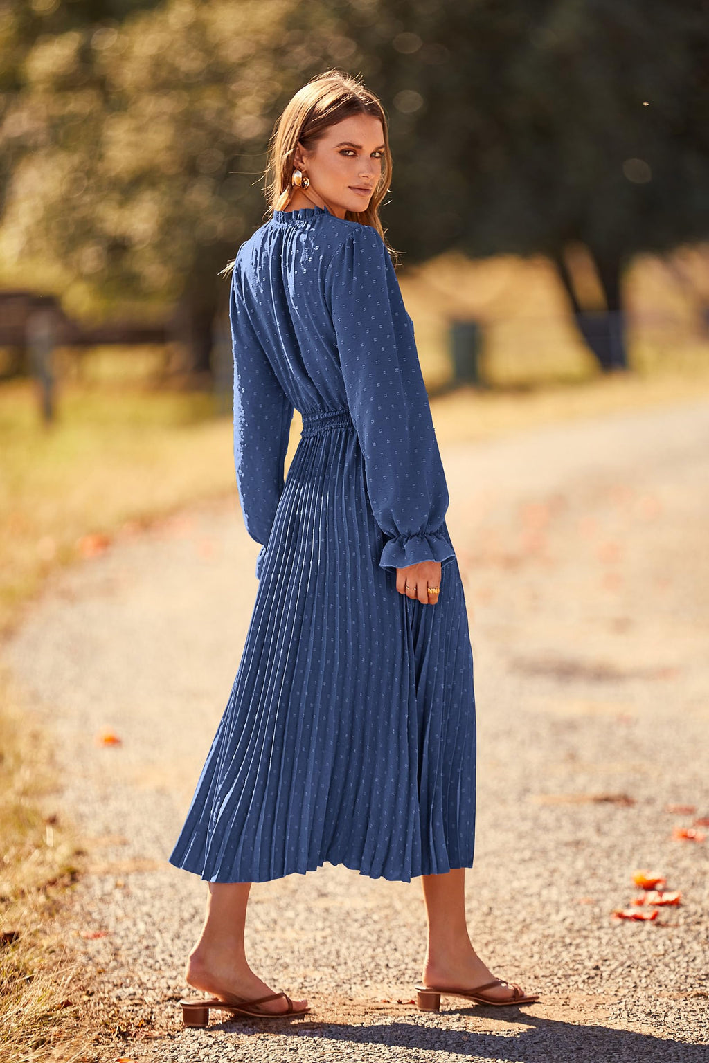 PRETTYGARDEN Women's Spring Fall Midi Dress Casual Long Sleeve V Neck Swiss Dot Pleated A Line Flowy Dresses