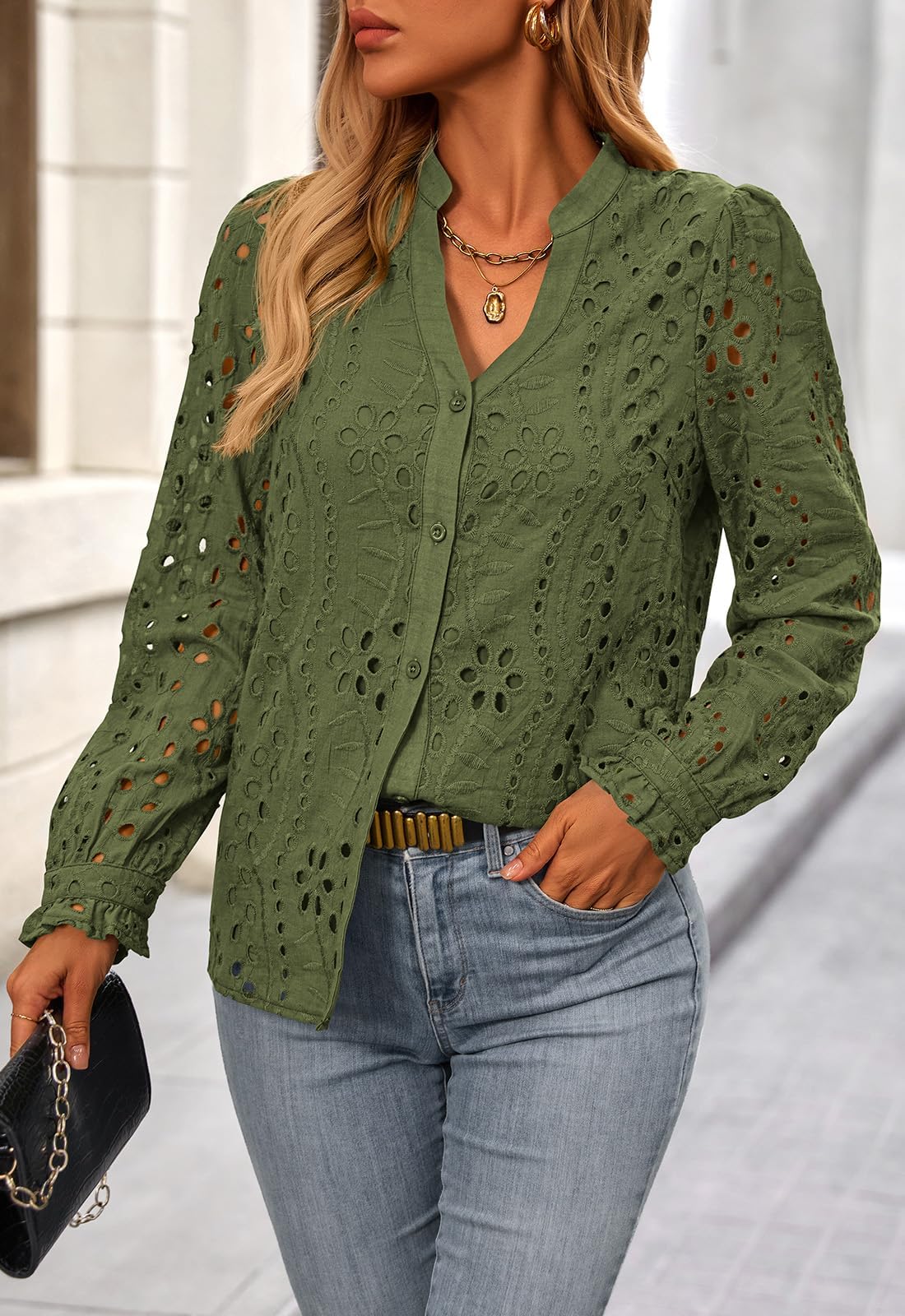FreshPretty Women's Long Sleeve Shirts Button Down Dressy Casual Blouses V Neck Embroidery Hollow Out Tops Fall Winter Clothes