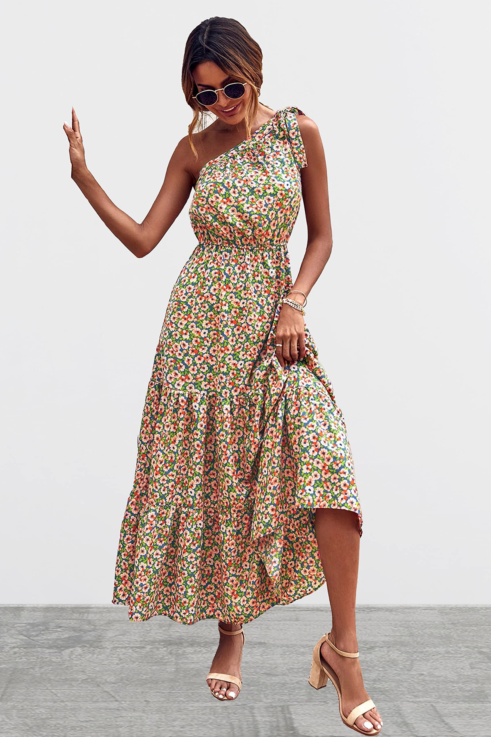 PRETTYGARDEN Women's Summer Floral One Shoulder Maxi Dress Knot Ruffle Boho Beach Vacation Wedding Guest Long Sun Dresses