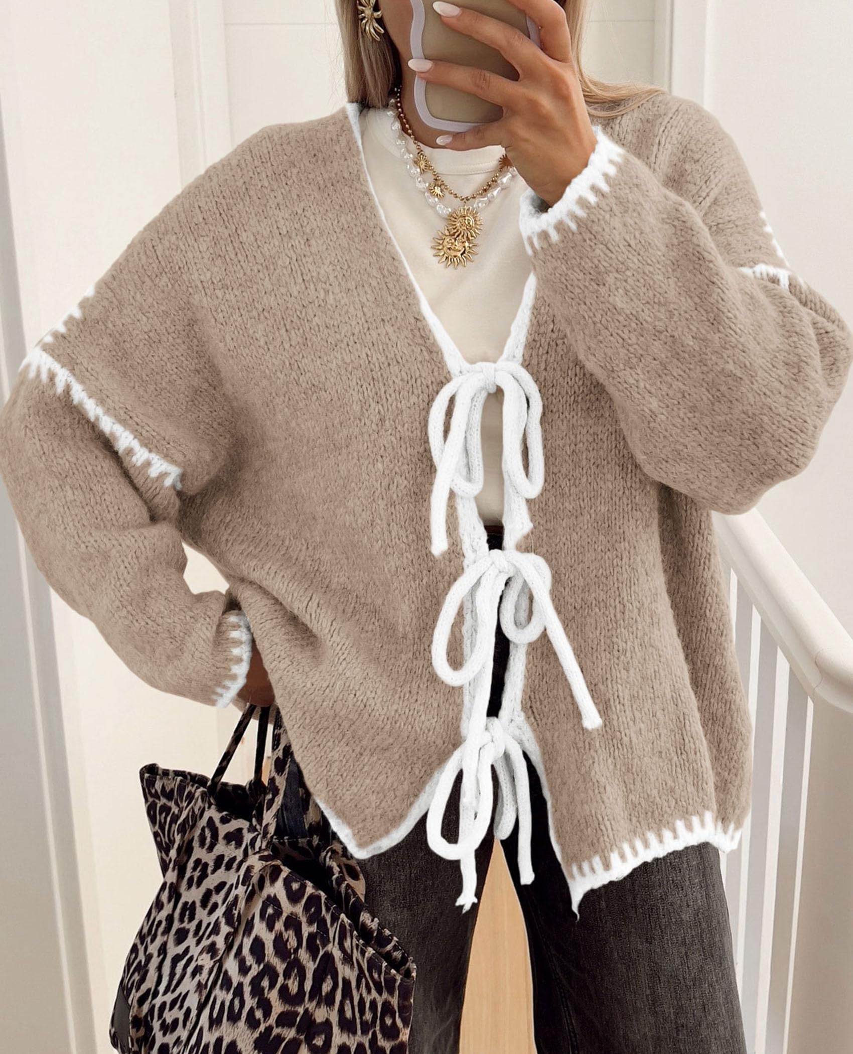 PRETTYGARDEN Women's Tie Front Bow Cardigan Sweaters Chunky Knit Long Puff Sleeve Trendy Fall Winter Jacket Coat