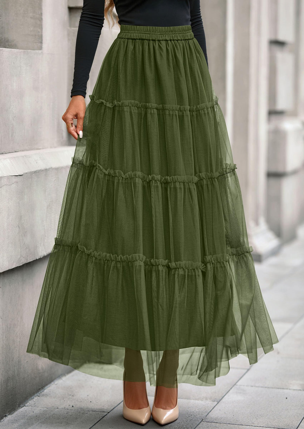 PRETTYGARDEN Tulle Skirts for Women Fall Fashion Elastic High Waisted Fairy Tiered Flowy A-Line Casual Maxi Long Skirt