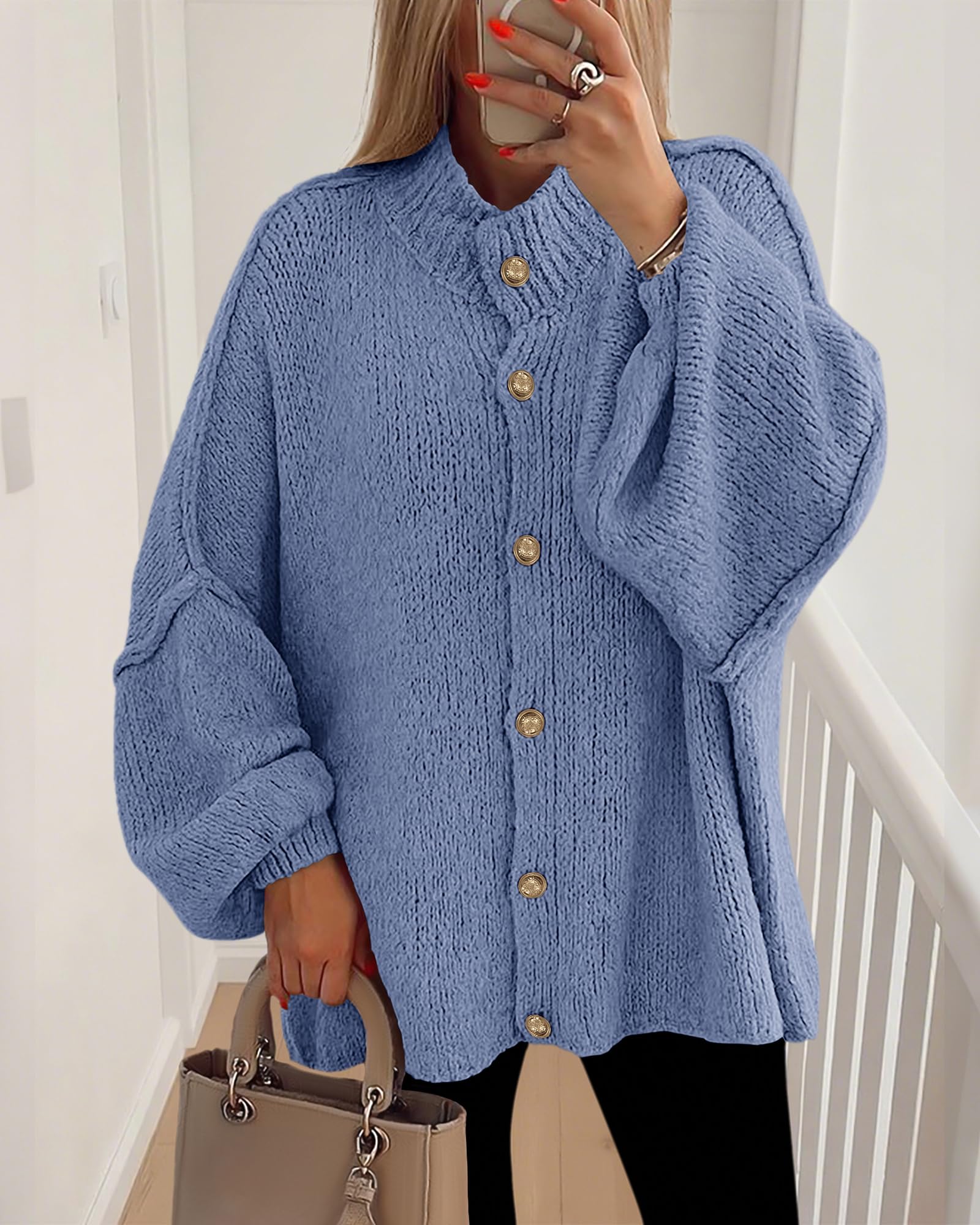 BTFBM Cardigan Sweaters for Women Fall Clothes Lantern Long Sleeve Button Open Front Chunky Knit Oversized Sweater