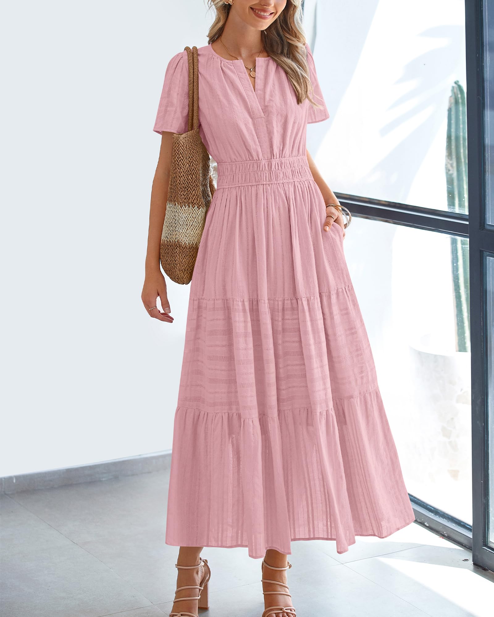 FreshPretty Womens Summer Casual Midi Maxi Dresses Lightweight Short Sleeve V Neck Elastic Waist Boho Beach Dress Pockets