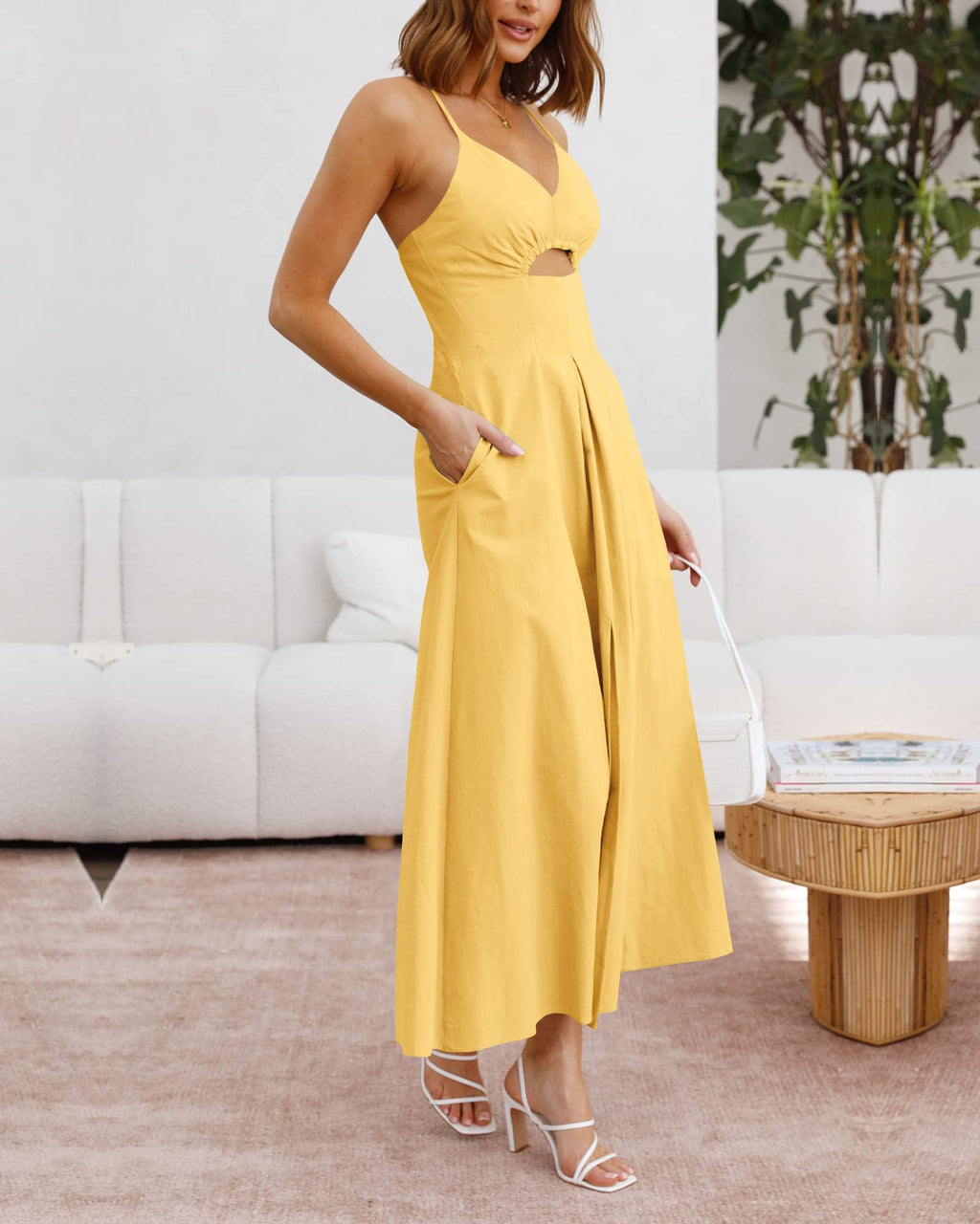BTFBM Women Spaghetti Strap Midi Summer Dresses Sleeveless V Neck Cutout Slit Casual Beach Party Maxi Dress Pockets