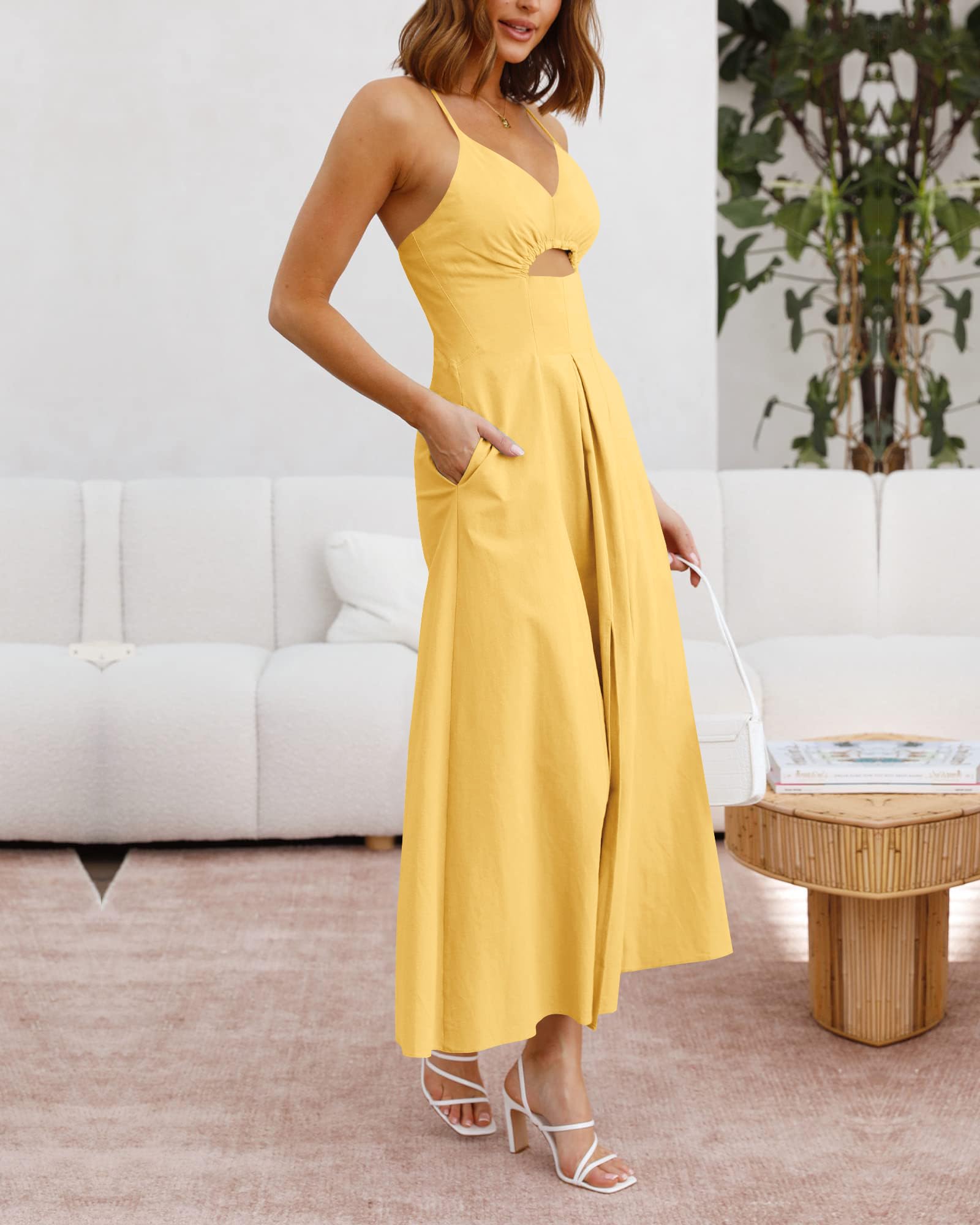 BTFBM Women Spaghetti Strap Midi Summer Dresses Sleeveless V Neck Cutout Slit Casual Beach Party Maxi Dress Pockets