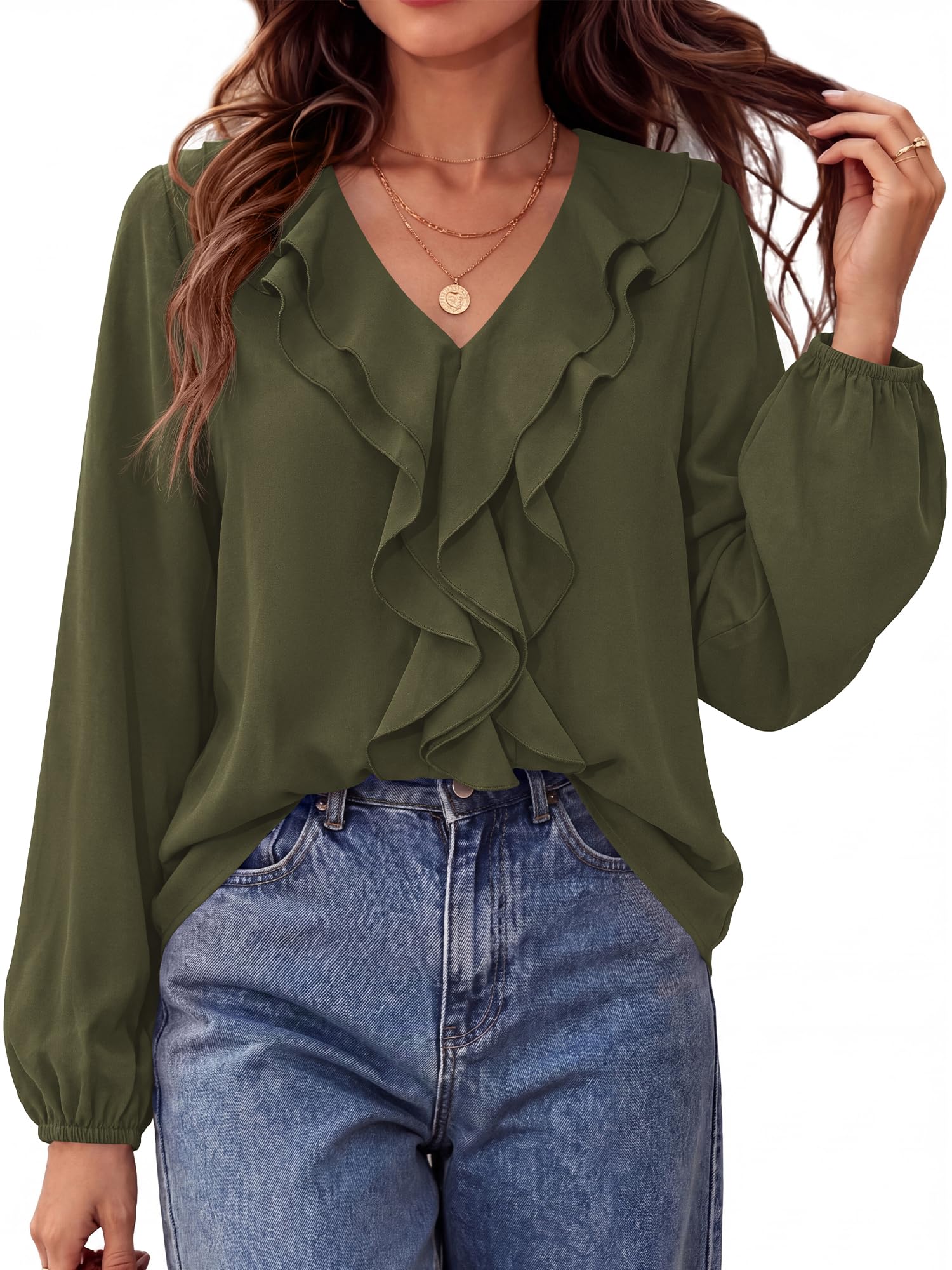 BTFBM Womens Fall Tops Ruffle Blouses Dressy Casual | Double Ruffled Collar V Neck Long Sleeve Shirts, Lightweight Fashion Clothing Trendy, Daily Business Office Work Clothes