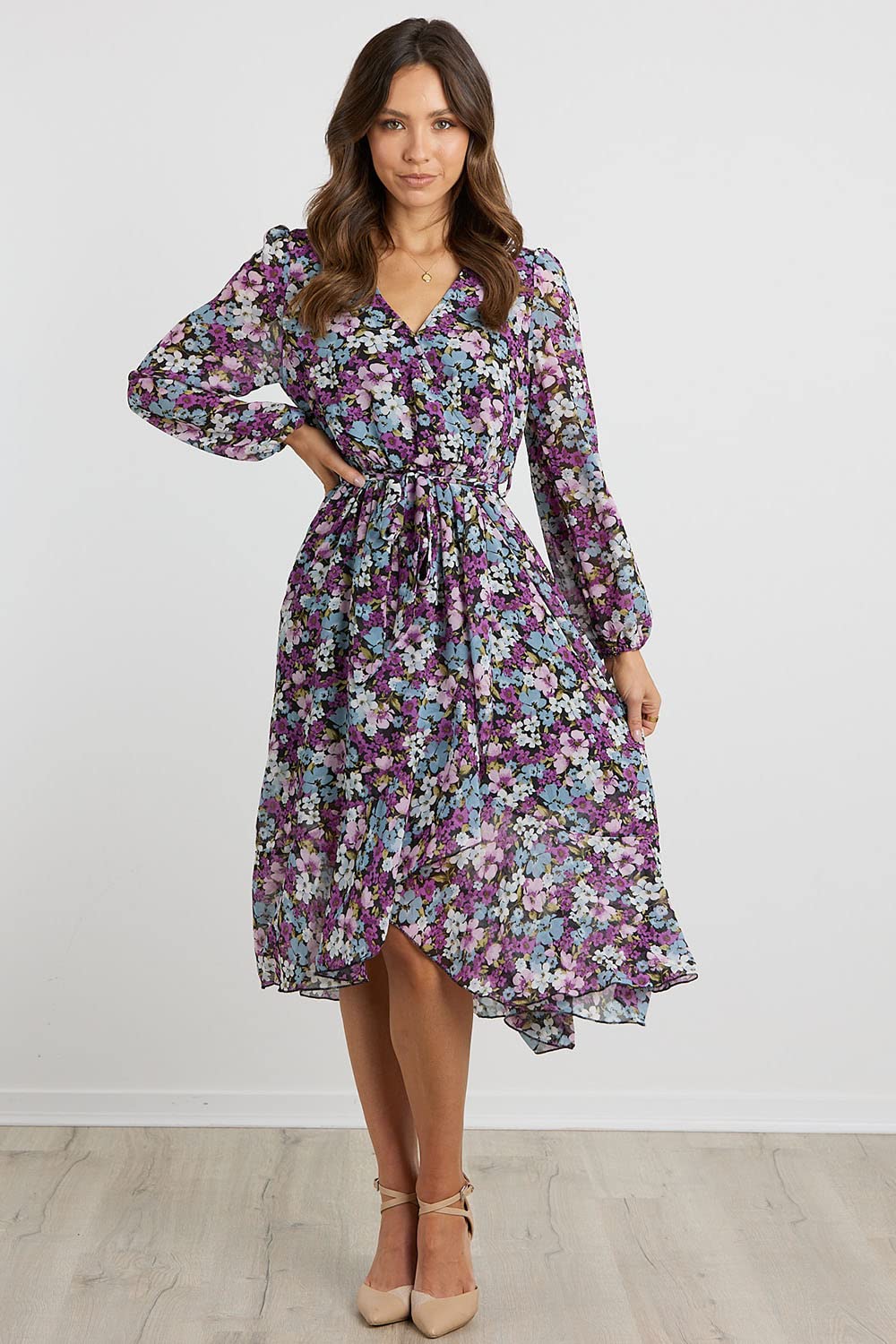 PRETTYGARDEN Women's Floral Print Boho Dress Long Sleeve Wrap V Neck Ruffle Belted A-Line Flowy Maxi Dresses