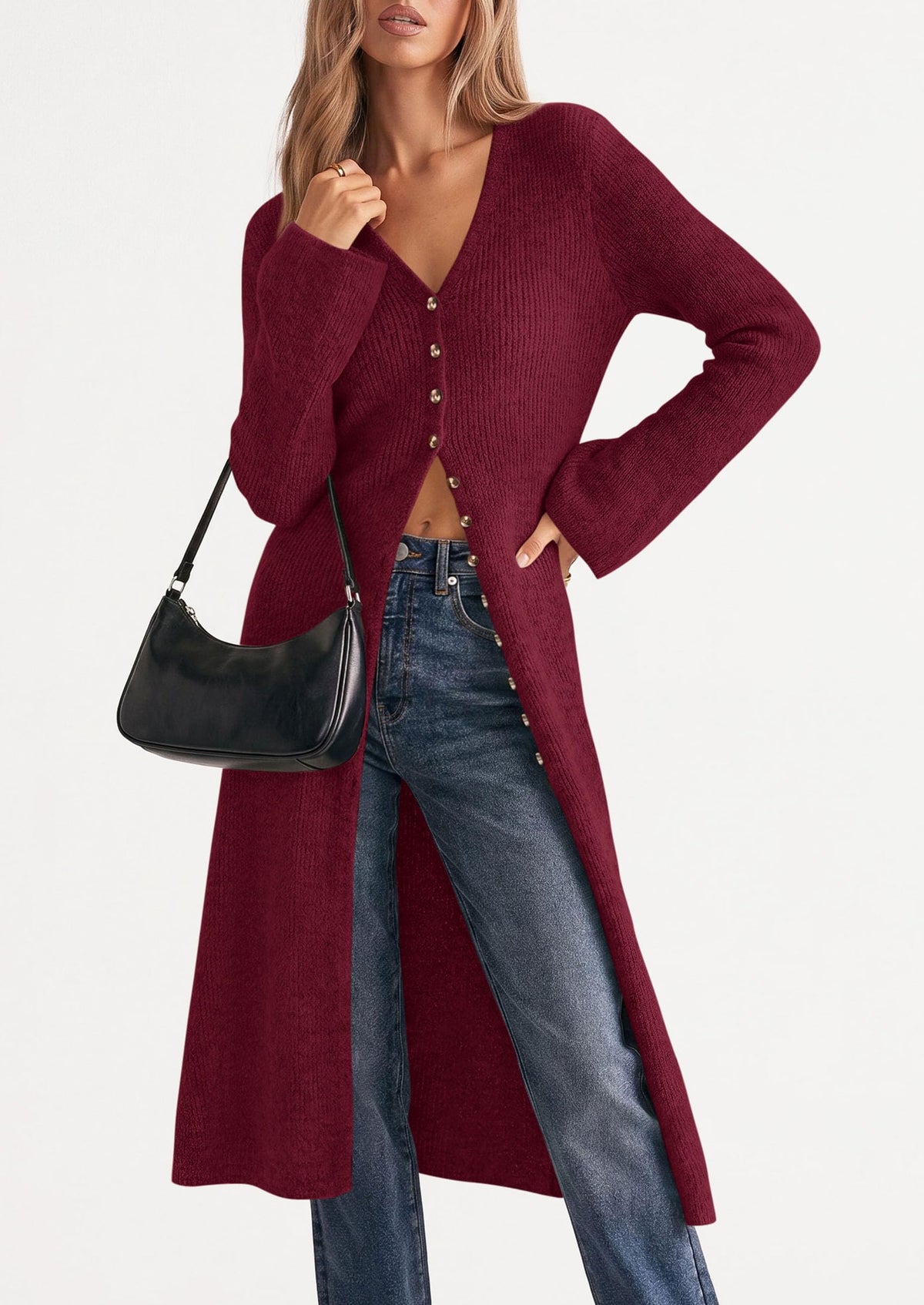 PRETTYGARDEN Women Long Cardigan Bell Sleeve Sweater Dress Early Fall Fashion, V Neck Button Down Coats, Fit and Flare, Duster Sweater, Acrylic Cotton Blend